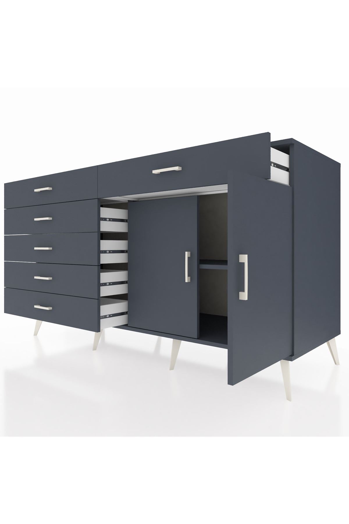 Kronos Konsol Tek Raflı 6 Çekmeceli 2 Kapaklı 176x59x99 Antrasit-Antrasit