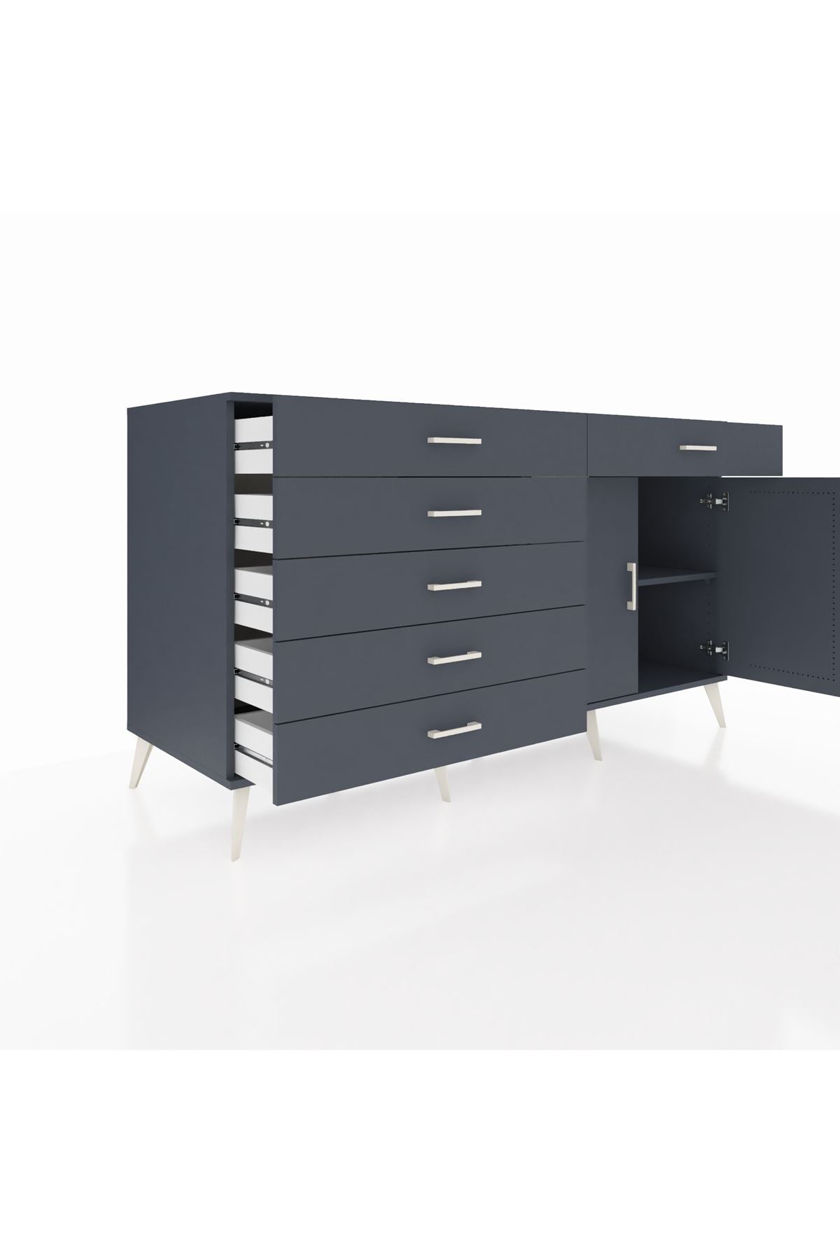 Kronos Konsol Tek Raflı 6 Çekmeceli 2 Kapaklı 176x59x99 Antrasit-Antrasit