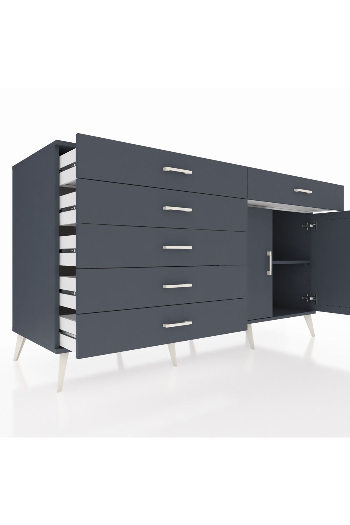 Kronos Konsol Tek Raflı 6 Çekmeceli 2 Kapaklı 176x59x99 Antrasit-Antrasit