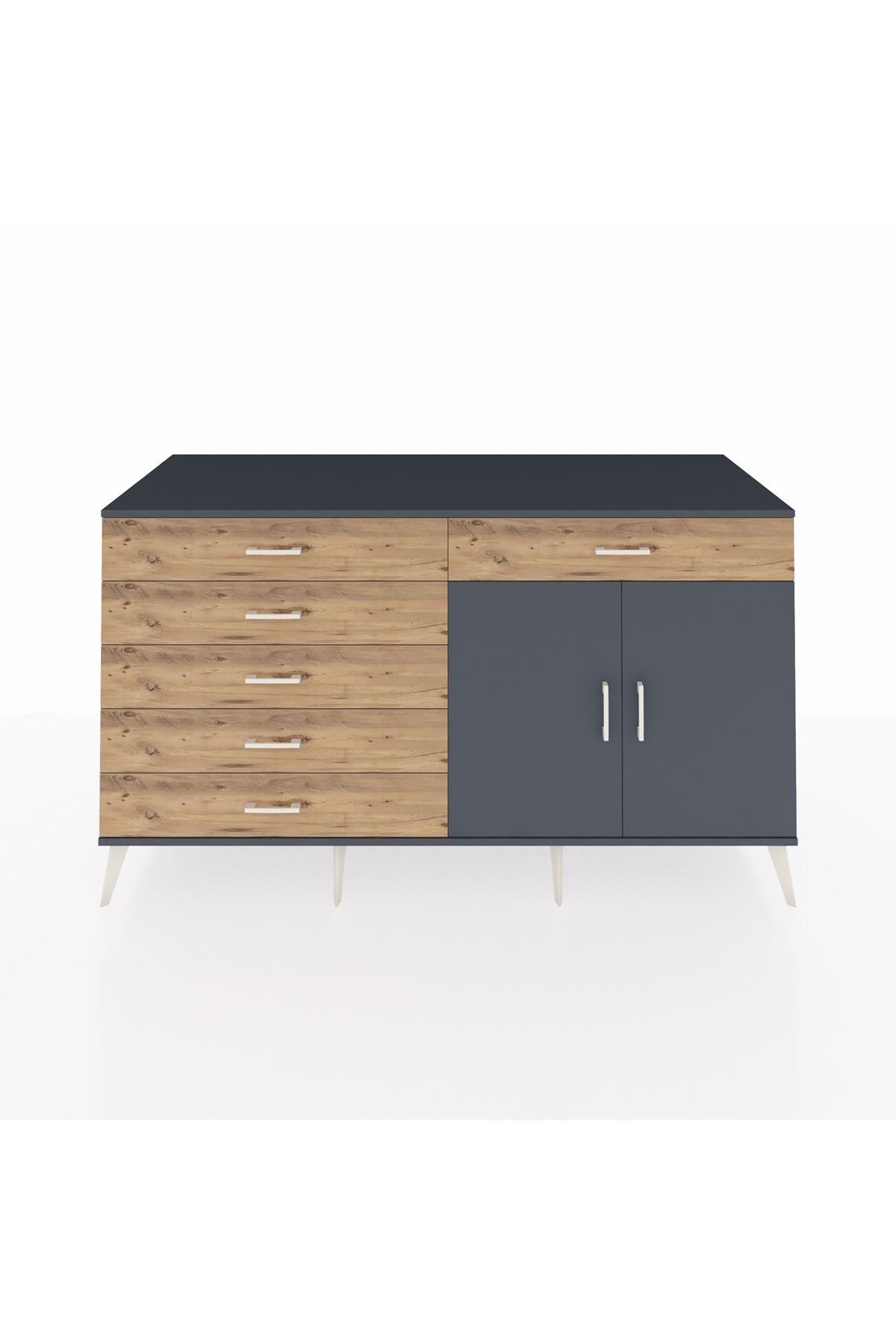 Kronos Konsol Tek Raflı 6 Çekmeceli 2 Kapaklı 176x59x99 Antrasit-Antrasit/Çam