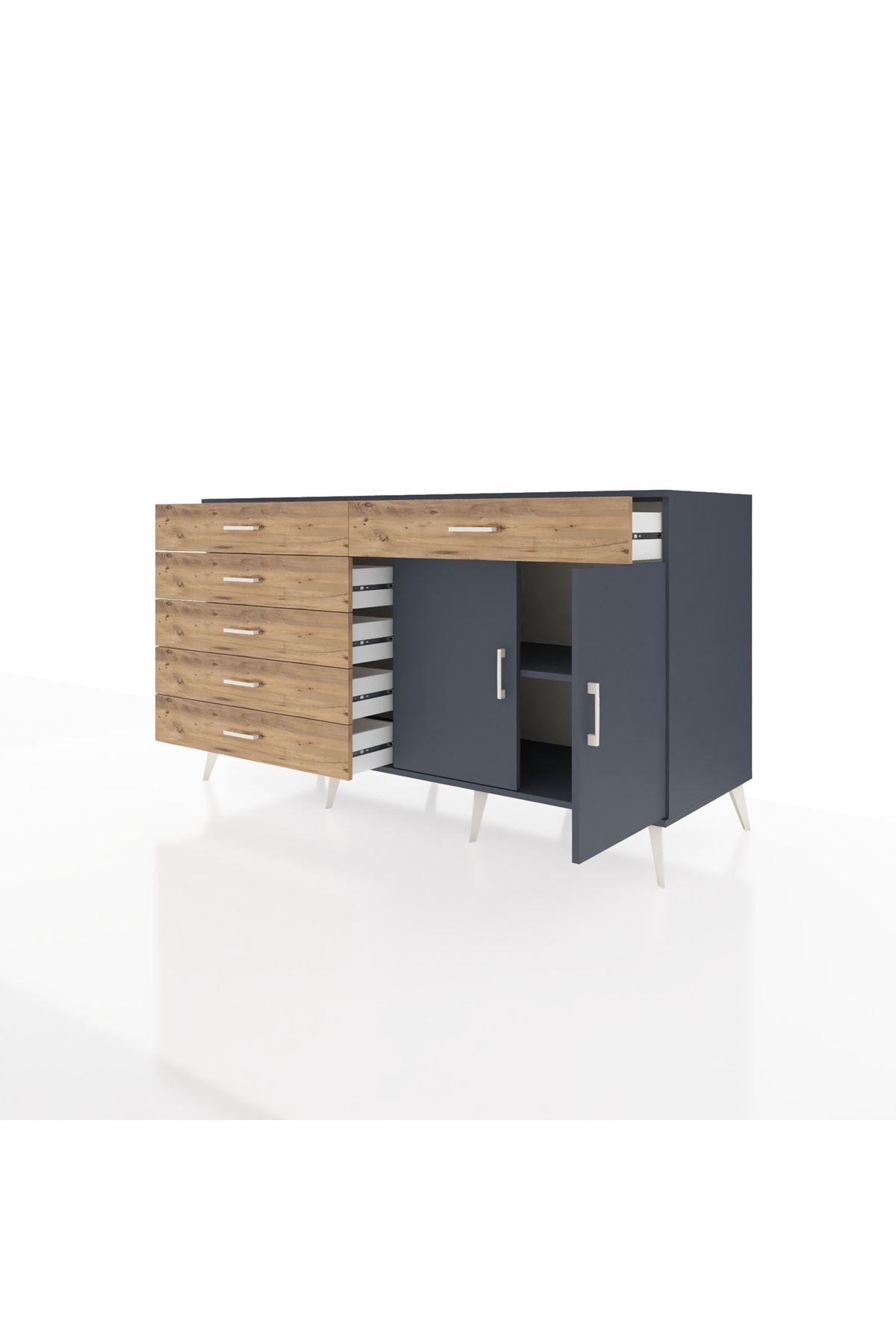 Kronos Konsol Tek Raflı 6 Çekmeceli 2 Kapaklı 176x59x99 Antrasit-Antrasit/Çam