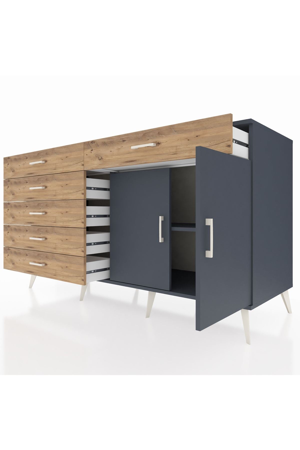 Kronos Konsol Tek Raflı 6 Çekmeceli 2 Kapaklı 176x59x99 Antrasit-Antrasit/Çam