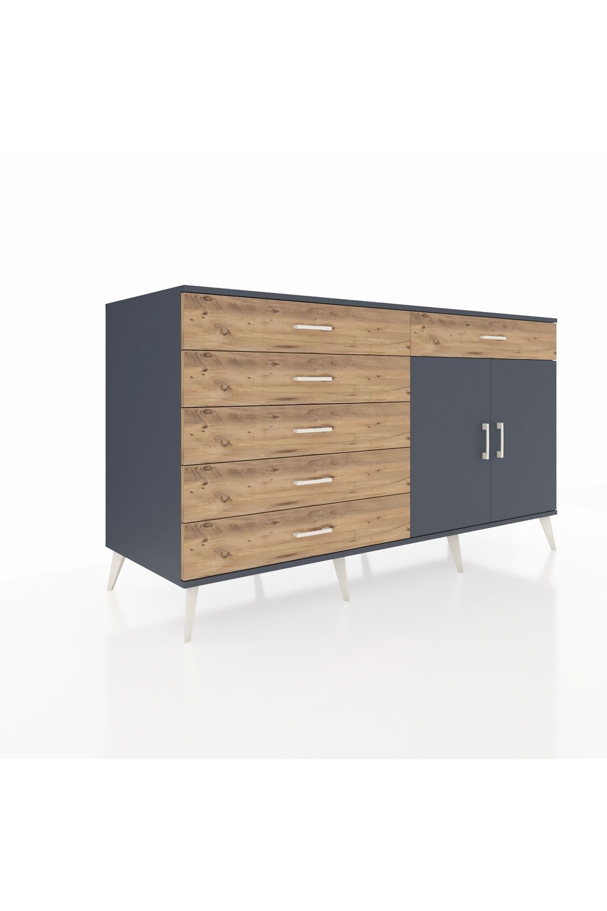 Kronos Konsol Tek Raflı 6 Çekmeceli 2 Kapaklı 176x59x99 Antrasit-Antrasit/Çam