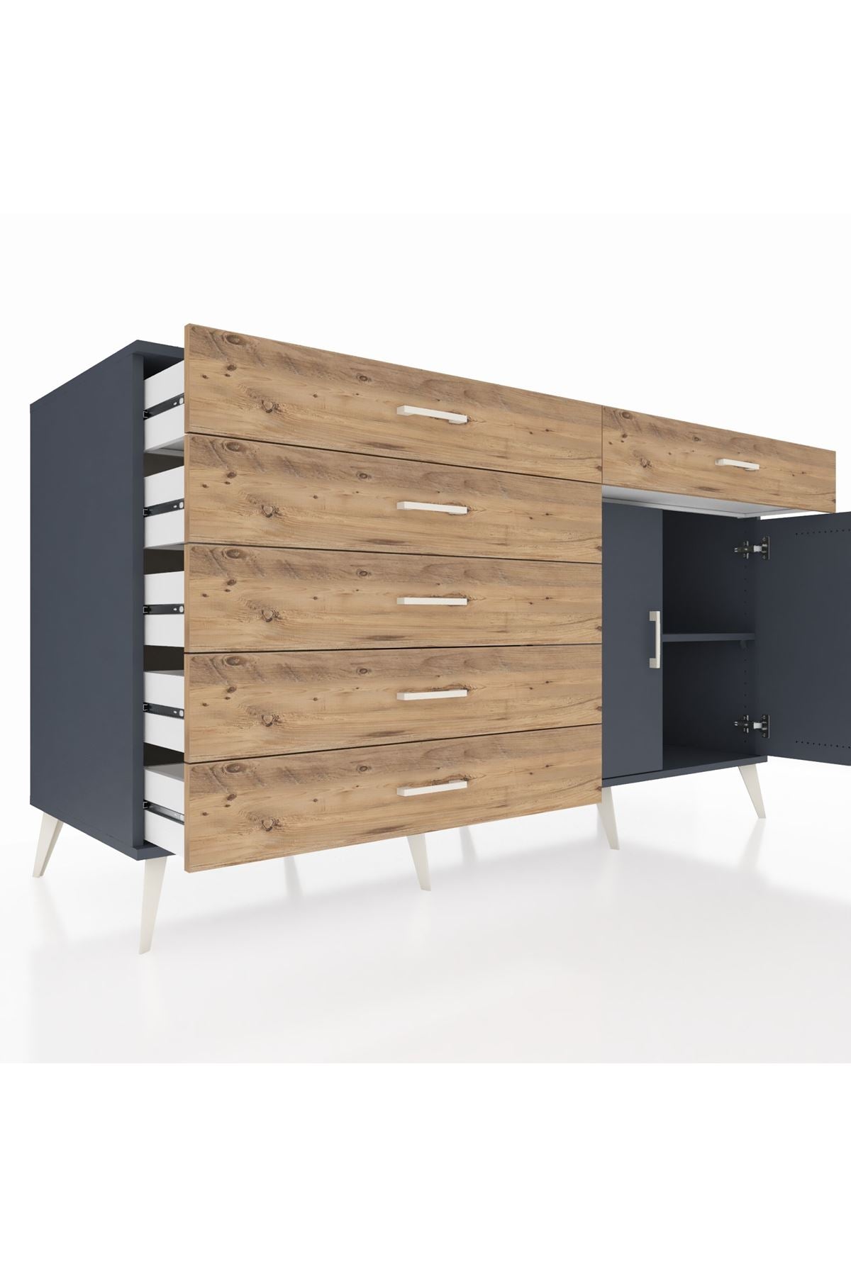 Kronos Konsol Tek Raflı 6 Çekmeceli 2 Kapaklı 176x59x99 Antrasit-Antrasit/Çam