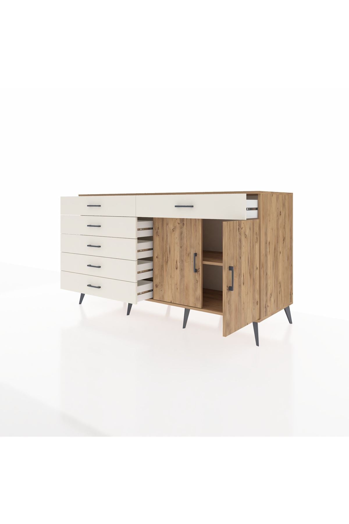 Kronos Konsol Tek Raflı 6 Çekmeceli 2 Kapaklı 176x59x99 Çam-Çam/Aytaşı