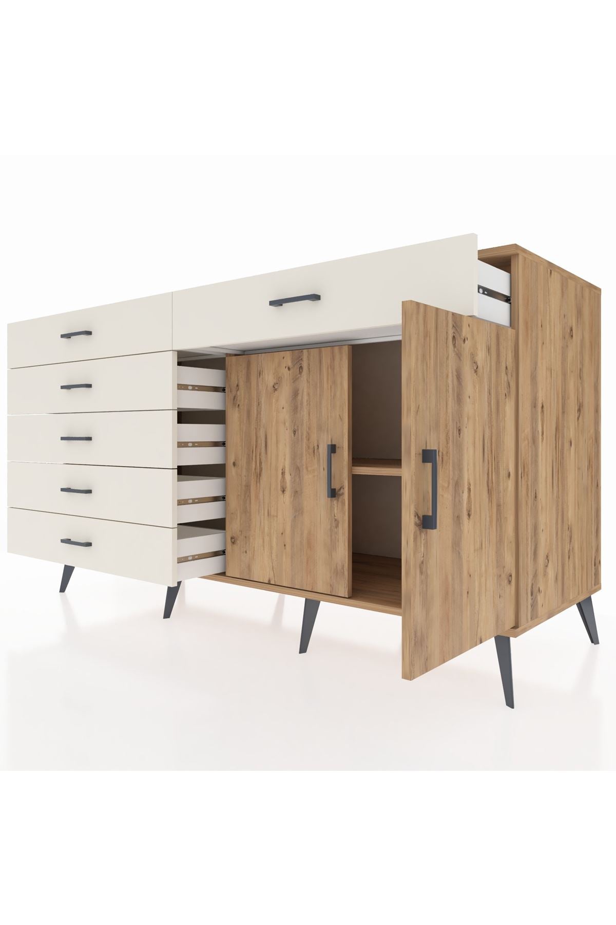 Kronos Konsol Tek Raflı 6 Çekmeceli 2 Kapaklı 176x59x99 Çam-Çam/Aytaşı