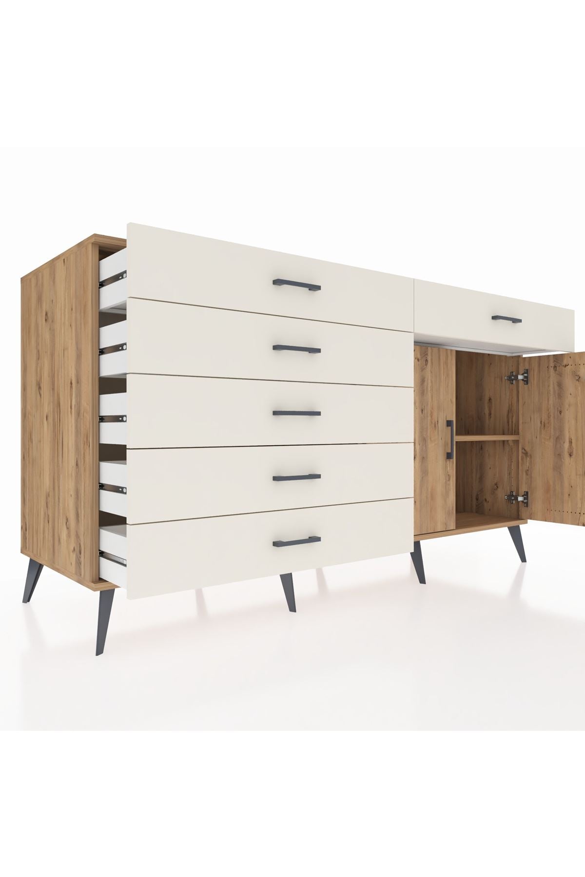 Kronos Konsol Tek Raflı 6 Çekmeceli 2 Kapaklı 176x59x99 Çam-Çam/Aytaşı