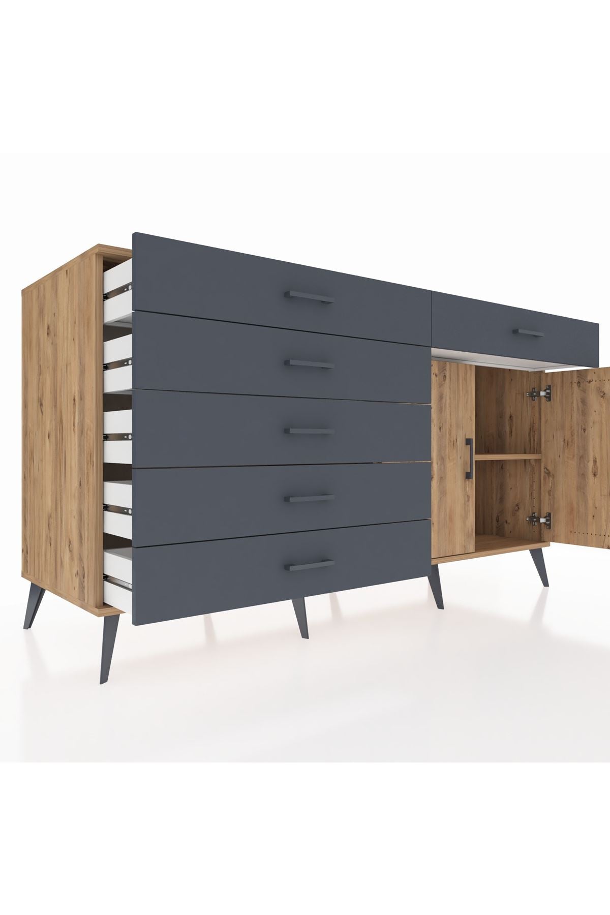 Kronos Konsol Tek Raflı 6 Çekmeceli 2 Kapaklı 176x59x99 Çam-Çam/Antrasit