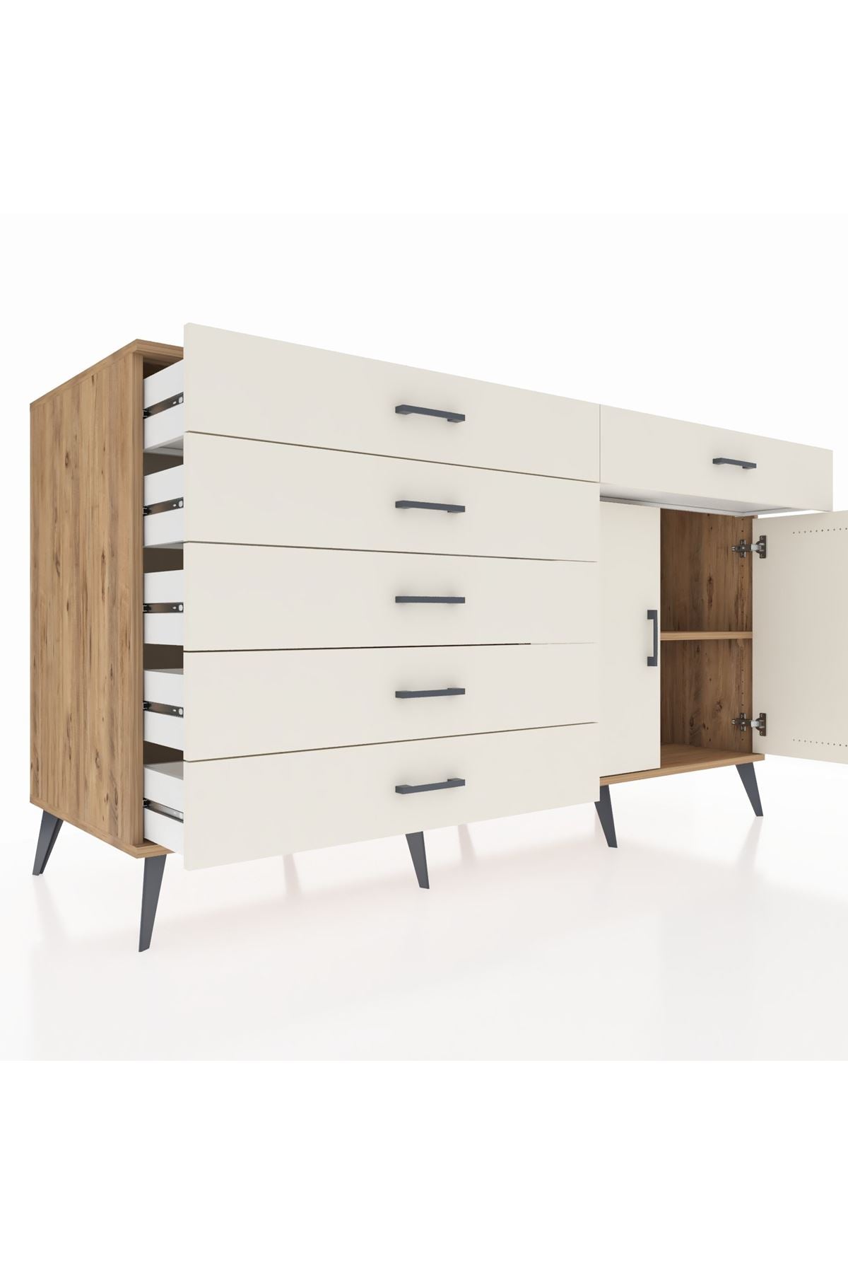 Kronos Konsol Tek Raflı 6 Çekmeceli 2 Kapaklı 176x59x99 Çam-Aytaşı