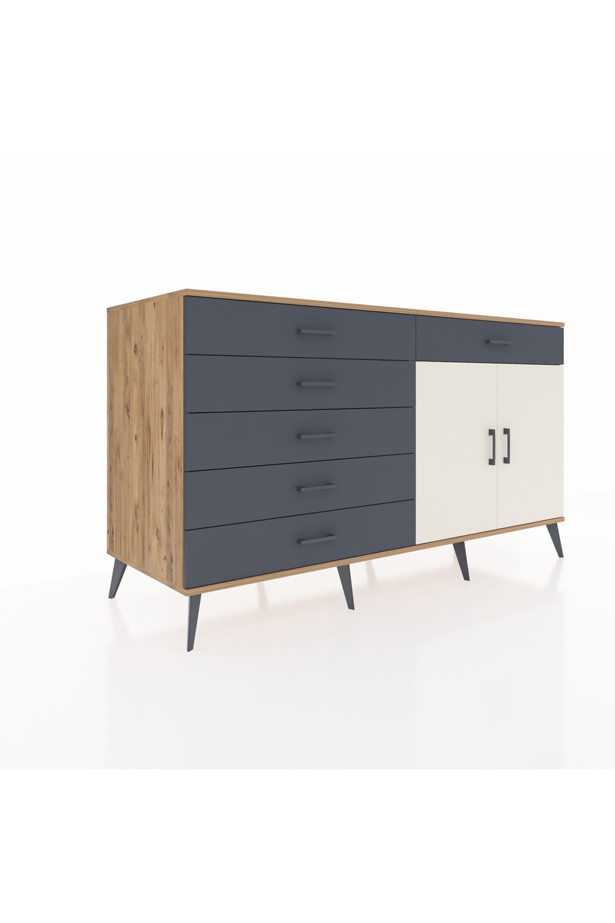 Kronos Konsol Tek Raflı 6 Çekmeceli 2 Kapaklı 176x59x99 Çam-Aytaşı/Antrasit