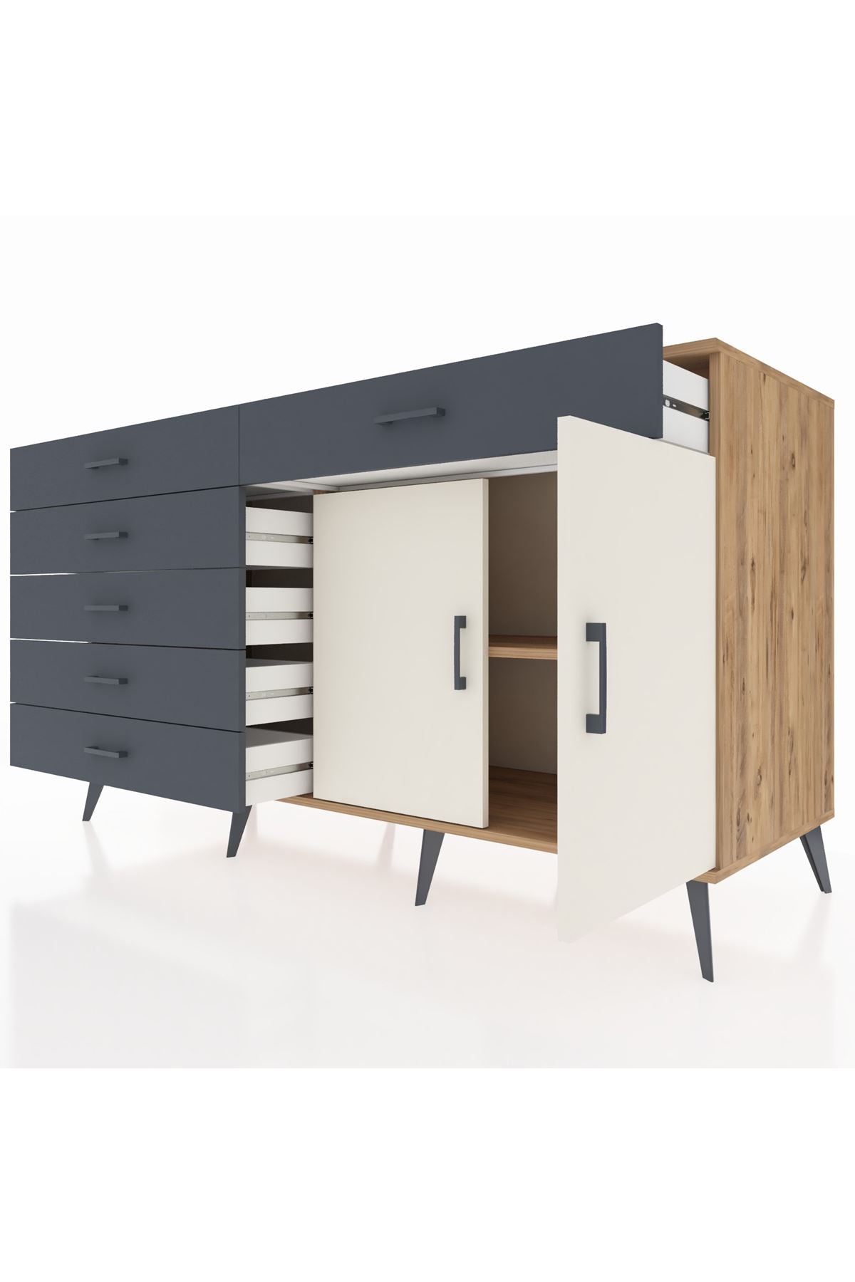 Kronos Konsol Tek Raflı 6 Çekmeceli 2 Kapaklı 176x59x99 Çam-Aytaşı/Antrasit