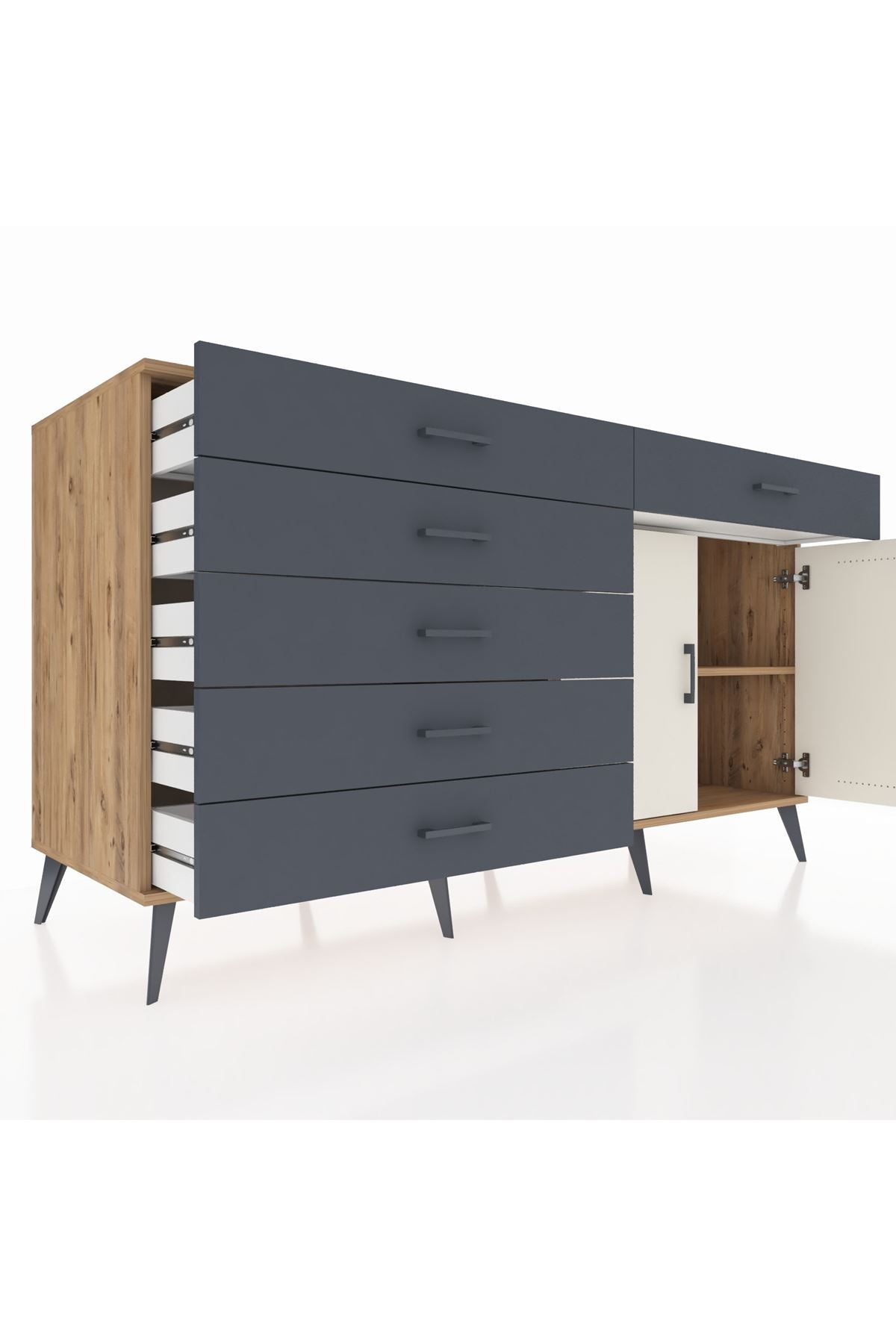 Kronos Konsol Tek Raflı 6 Çekmeceli 2 Kapaklı 176x59x99 Çam-Aytaşı/Antrasit