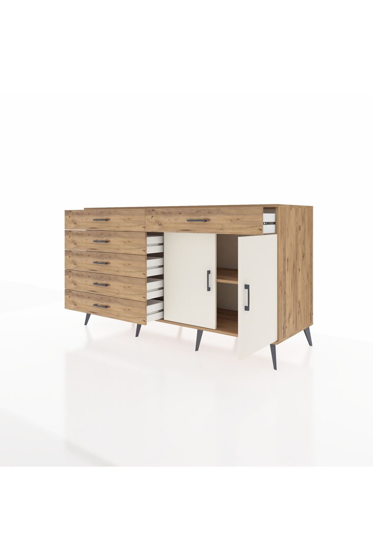 Kronos Konsol Tek Raflı 6 Çekmeceli 2 Kapaklı 176x59x99 Çam-Aytaşı/Çam