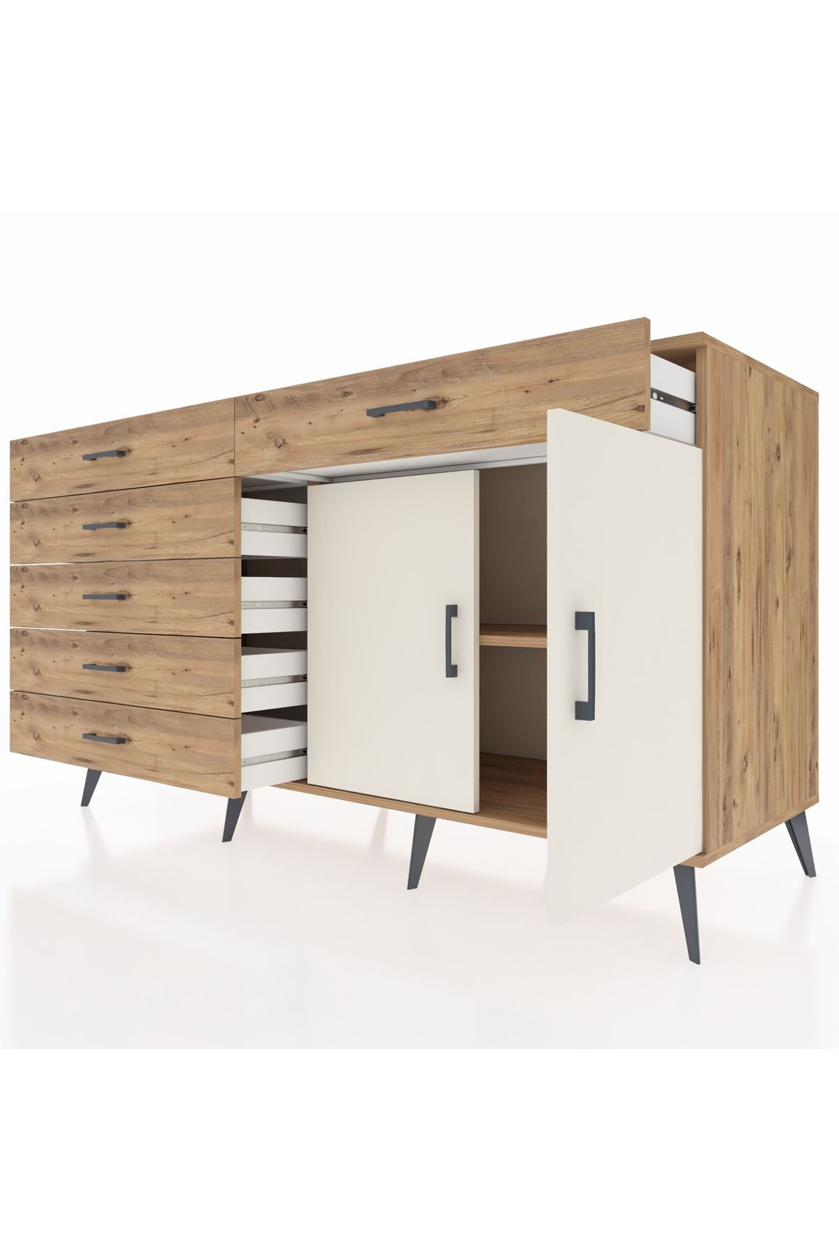 Kronos Konsol Tek Raflı 6 Çekmeceli 2 Kapaklı 176x59x99 Çam-Aytaşı/Çam