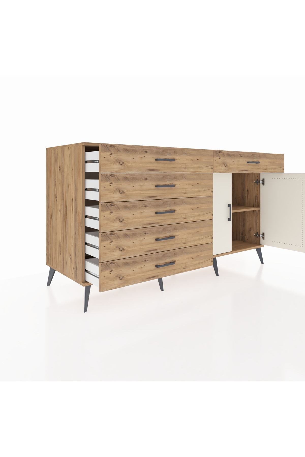 Kronos Konsol Tek Raflı 6 Çekmeceli 2 Kapaklı 176x59x99 Çam-Aytaşı/Çam