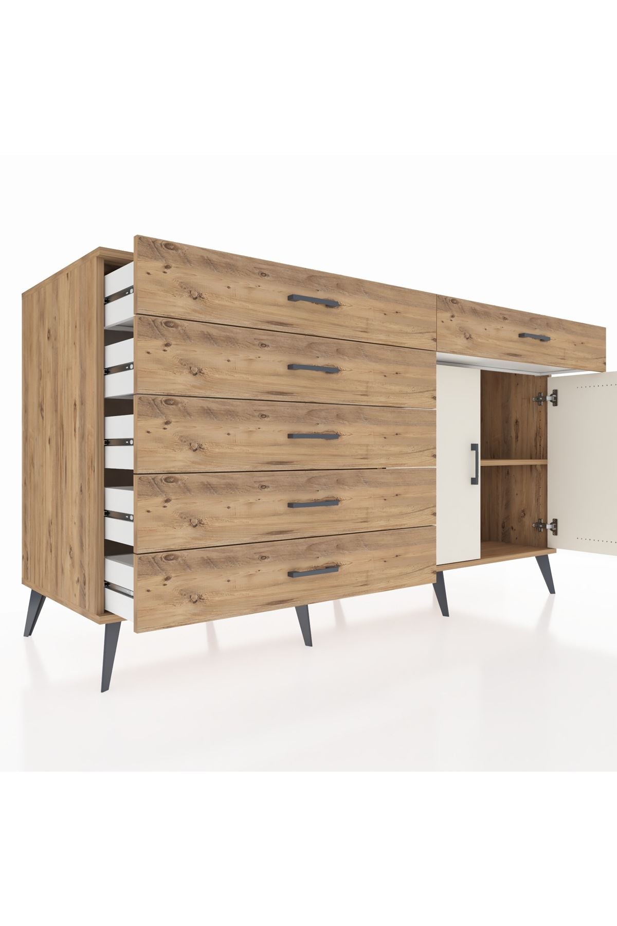 Kronos Konsol Tek Raflı 6 Çekmeceli 2 Kapaklı 176x59x99 Çam-Aytaşı/Çam