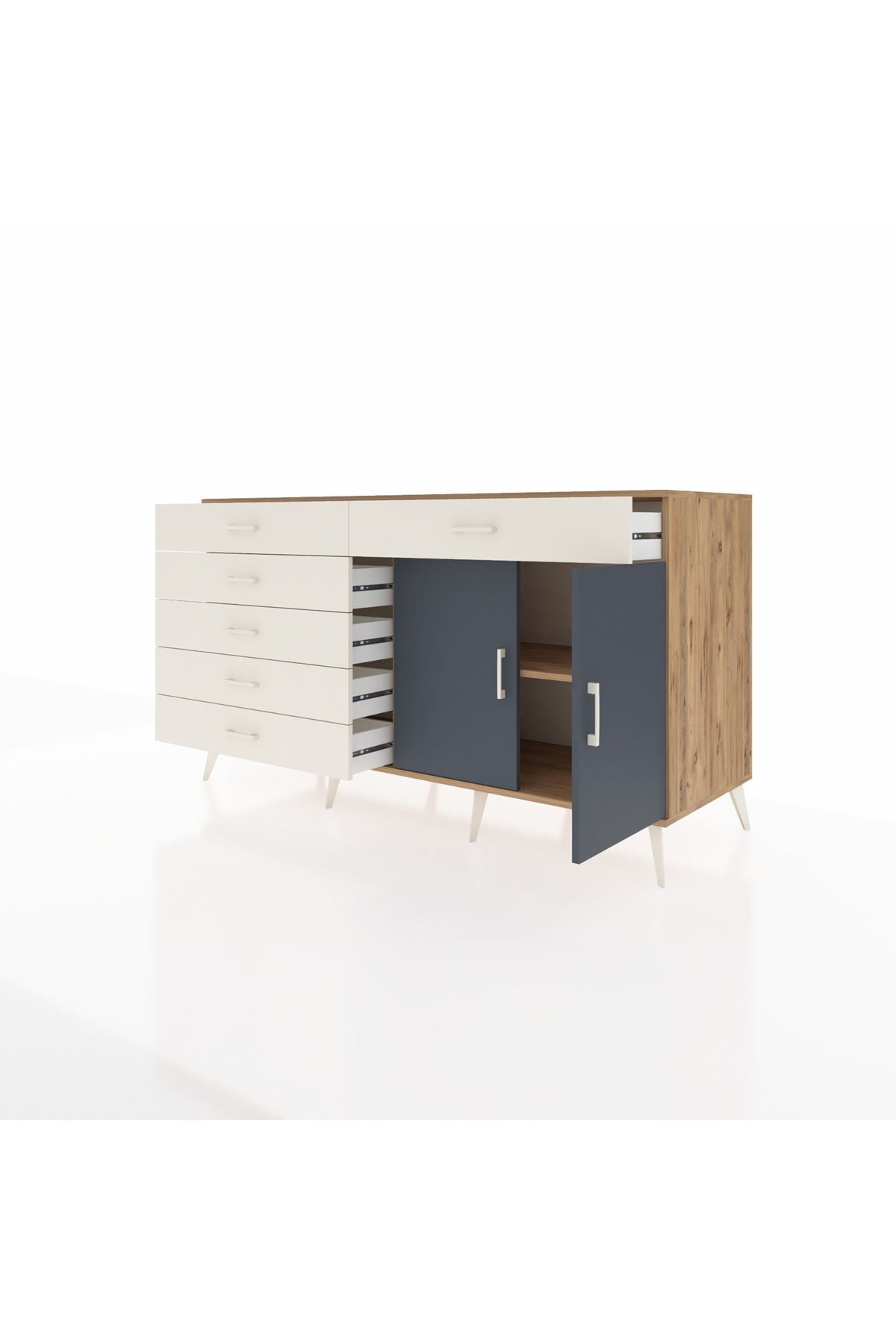 Kronos Konsol Tek Raflı 6 Çekmeceli 2 Kapaklı 176x59x99 Çam-Antrasit/Aytaşı