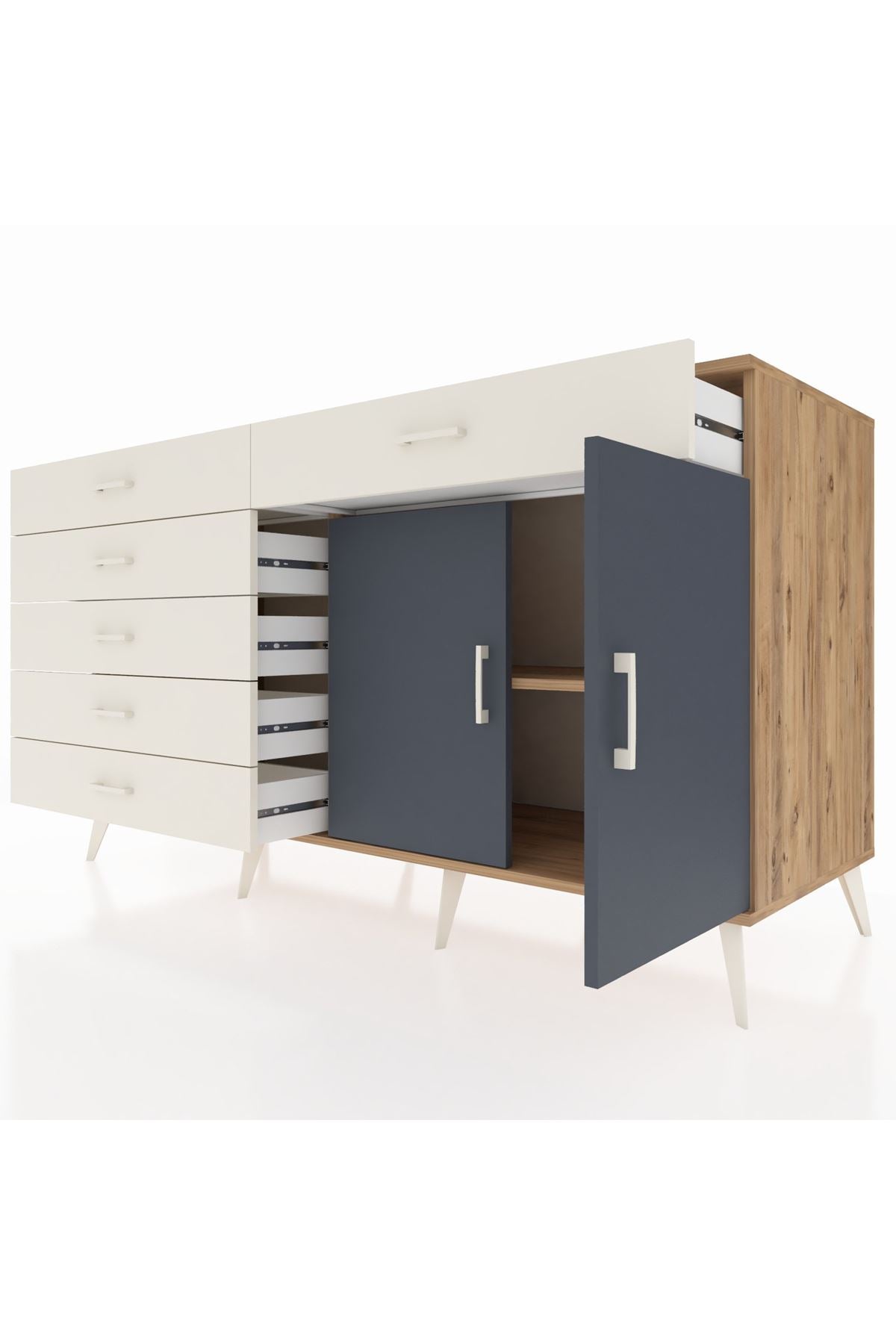 Kronos Konsol Tek Raflı 6 Çekmeceli 2 Kapaklı 176x59x99 Çam-Antrasit/Aytaşı