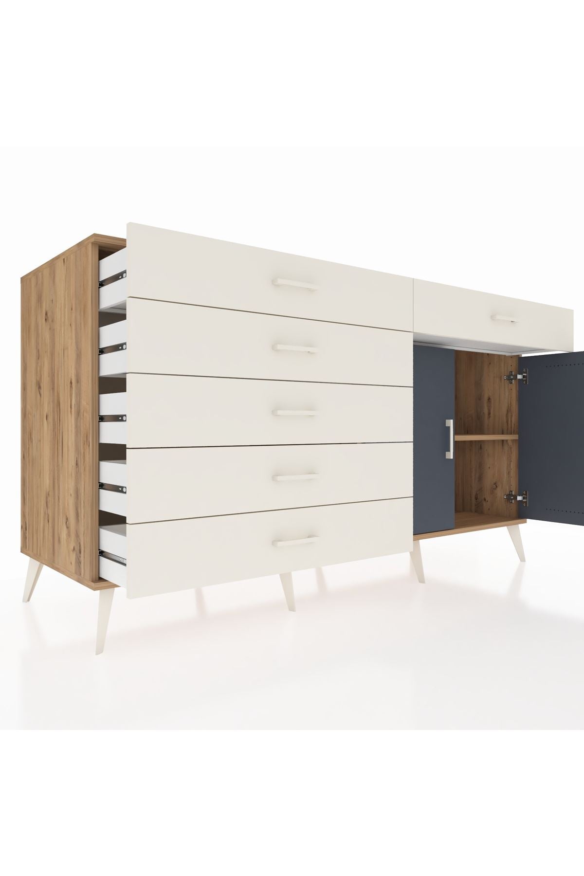 Kronos Konsol Tek Raflı 6 Çekmeceli 2 Kapaklı 176x59x99 Çam-Antrasit/Aytaşı