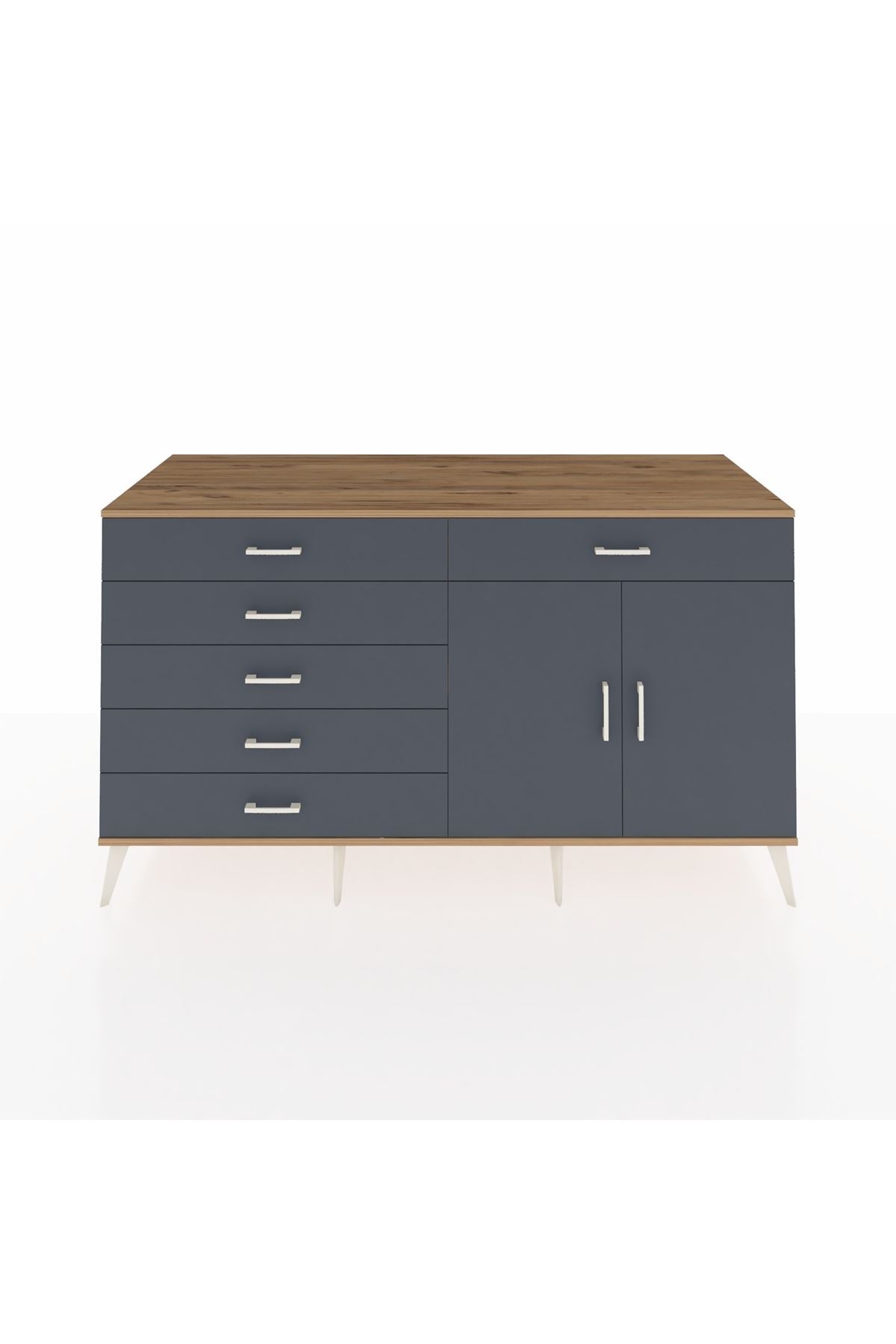 Kronos Konsol Tek Raflı 6 Çekmeceli 2 Kapaklı 176x59x99 Çam-Antrasit