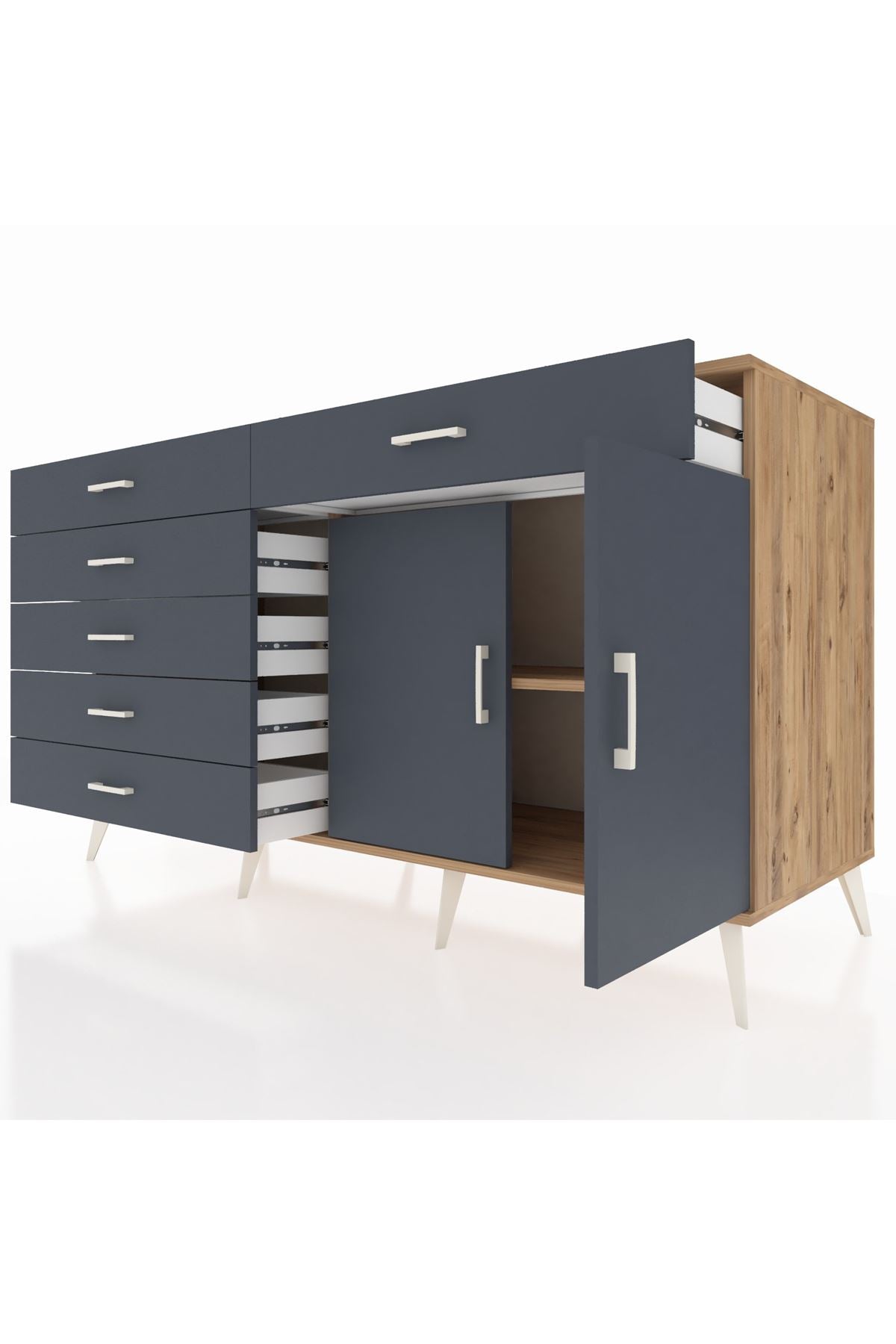 Kronos Konsol Tek Raflı 6 Çekmeceli 2 Kapaklı 176x59x99 Çam-Antrasit