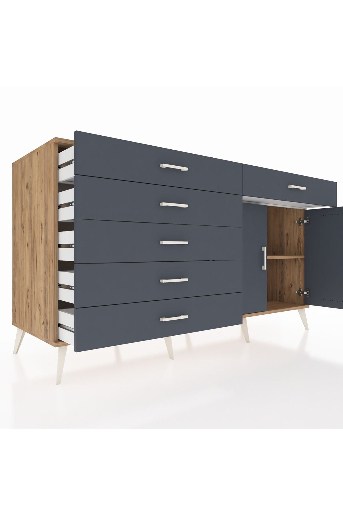 Kronos Konsol Tek Raflı 6 Çekmeceli 2 Kapaklı 176x59x99 Çam-Antrasit