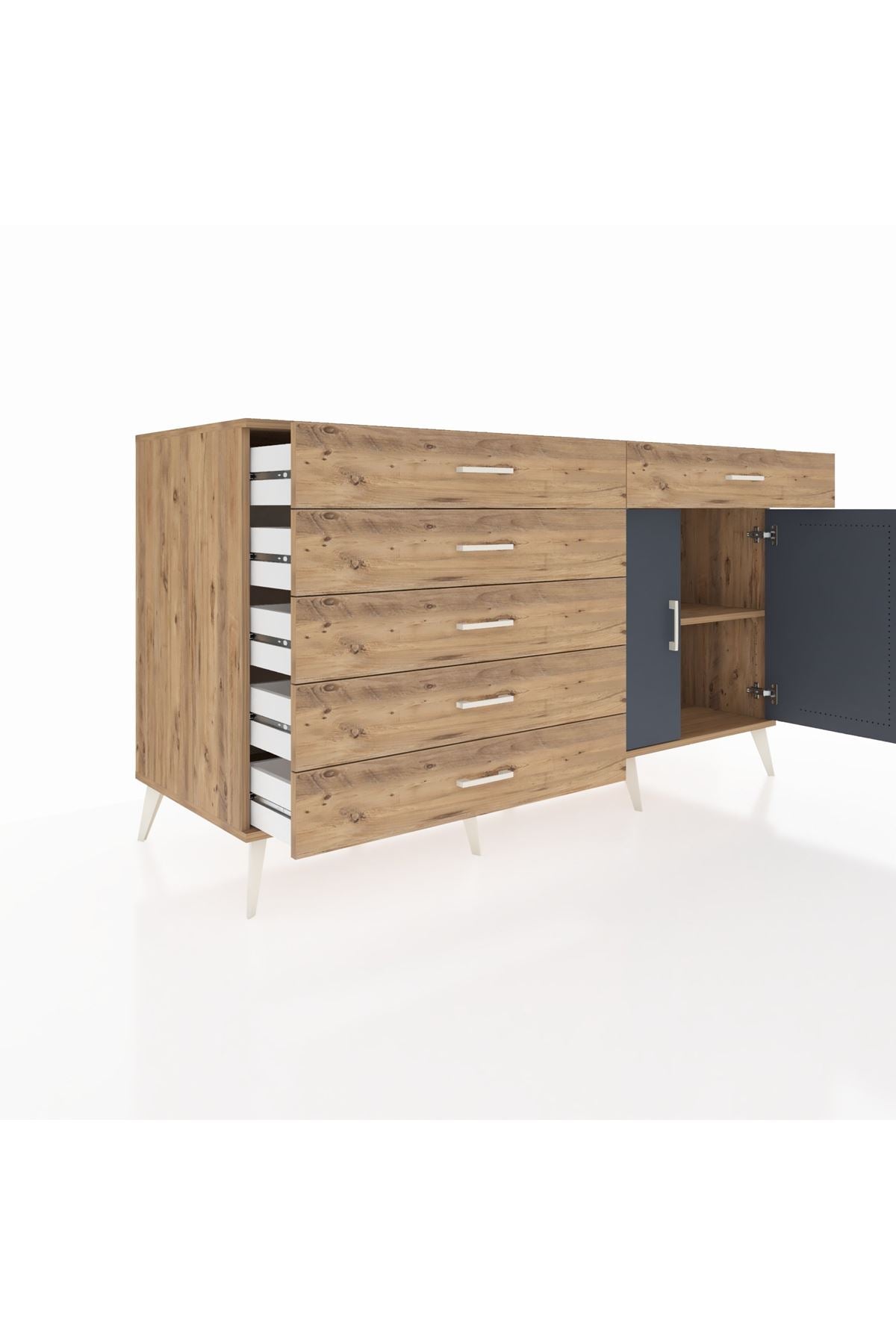 Kronos Konsol Tek Raflı 6 Çekmeceli 2 Kapaklı 176x59x99 Çam-Antrasit/Çam