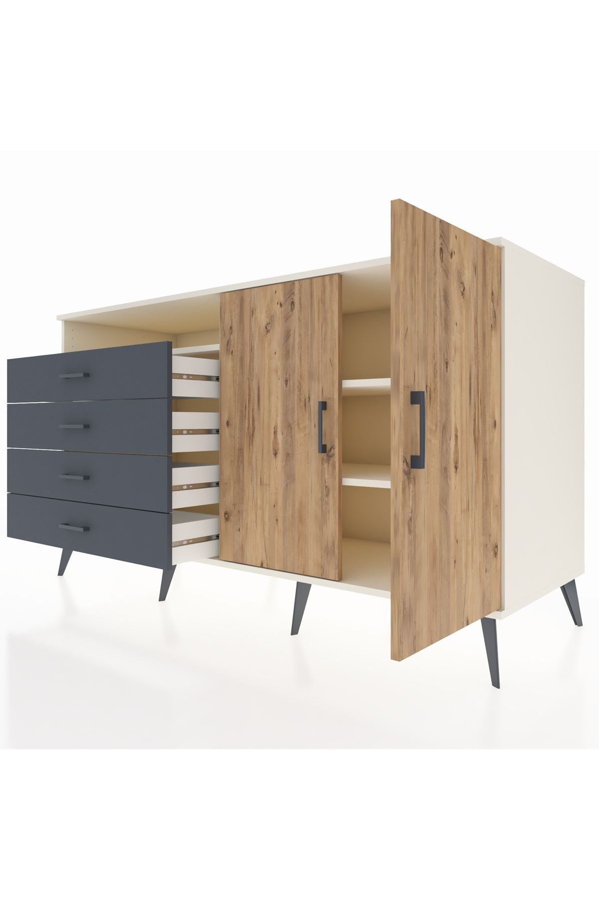 Kronos Konsol 3 Raflı 4 Çekmeceli 2 Kapaklı 176x59x99 Aytaşı-Çam/Antrasit