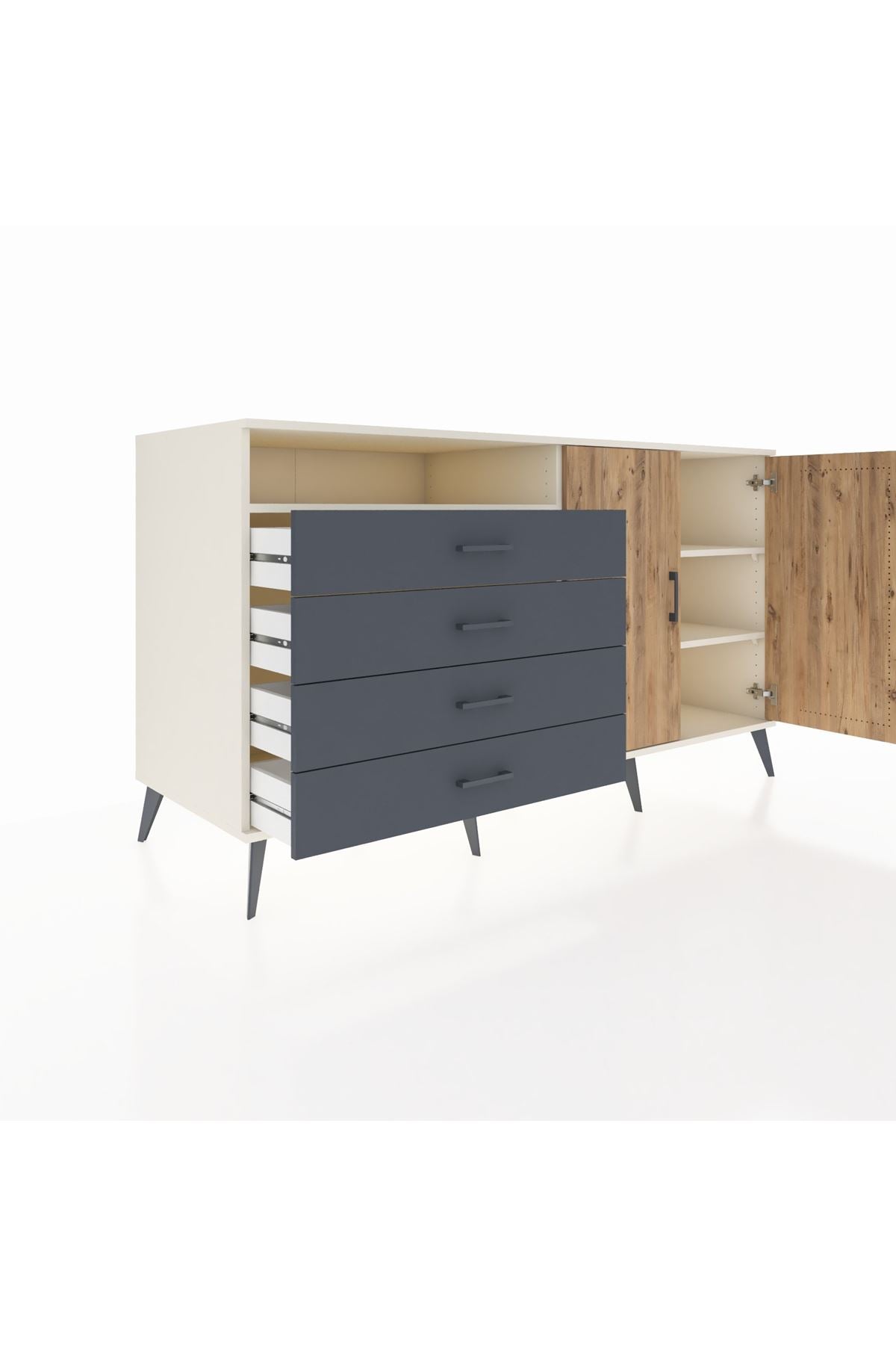 Kronos Konsol 3 Raflı 4 Çekmeceli 2 Kapaklı 176x59x99 Aytaşı-Çam/Antrasit