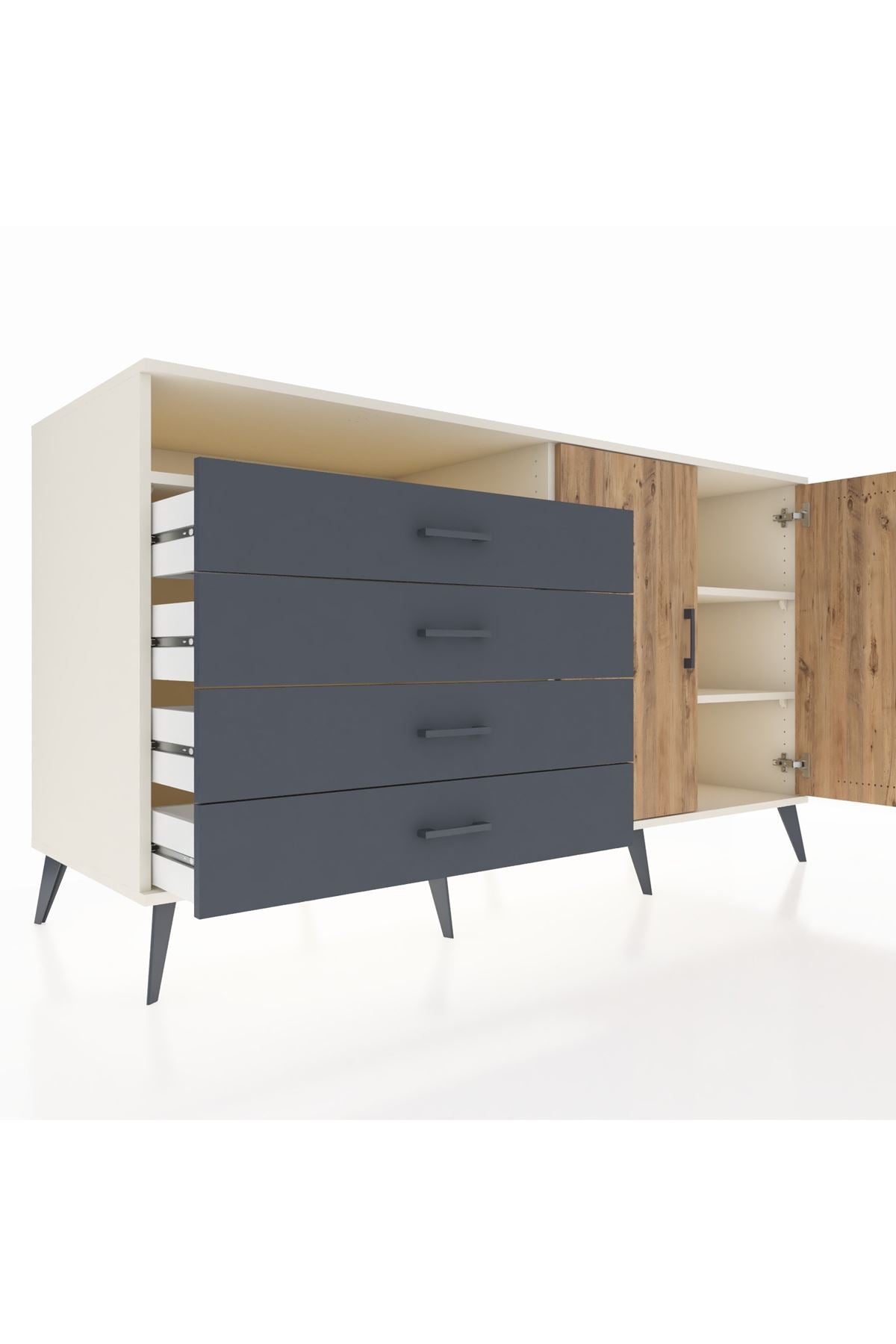 Kronos Konsol 3 Raflı 4 Çekmeceli 2 Kapaklı 176x59x99 Aytaşı-Çam/Antrasit