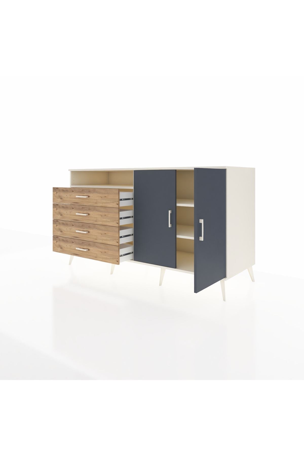 Kronos Konsol 3 Raflı 4 Çekmeceli 2 Kapaklı 176x59x99 Aytaşı-Antrasit/Çam