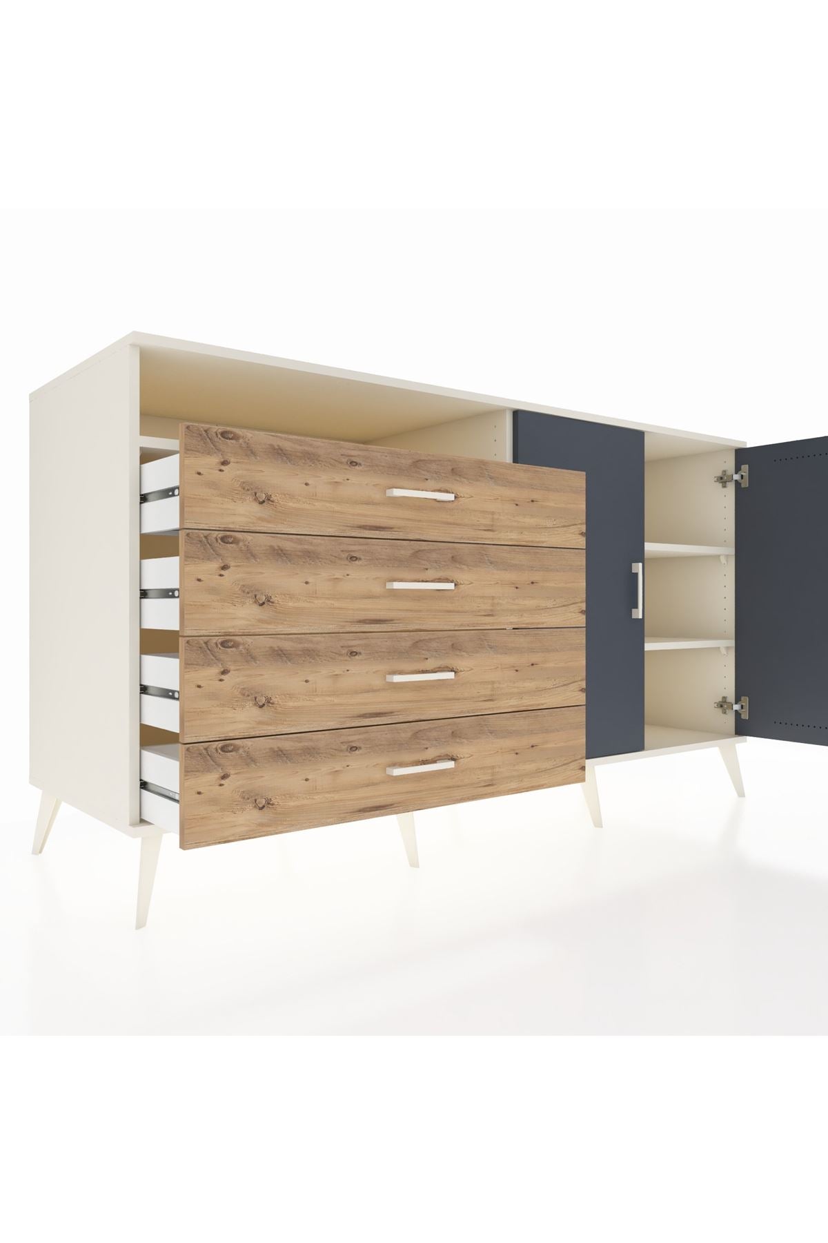 Kronos Konsol 3 Raflı 4 Çekmeceli 2 Kapaklı 176x59x99 Aytaşı-Antrasit/Çam