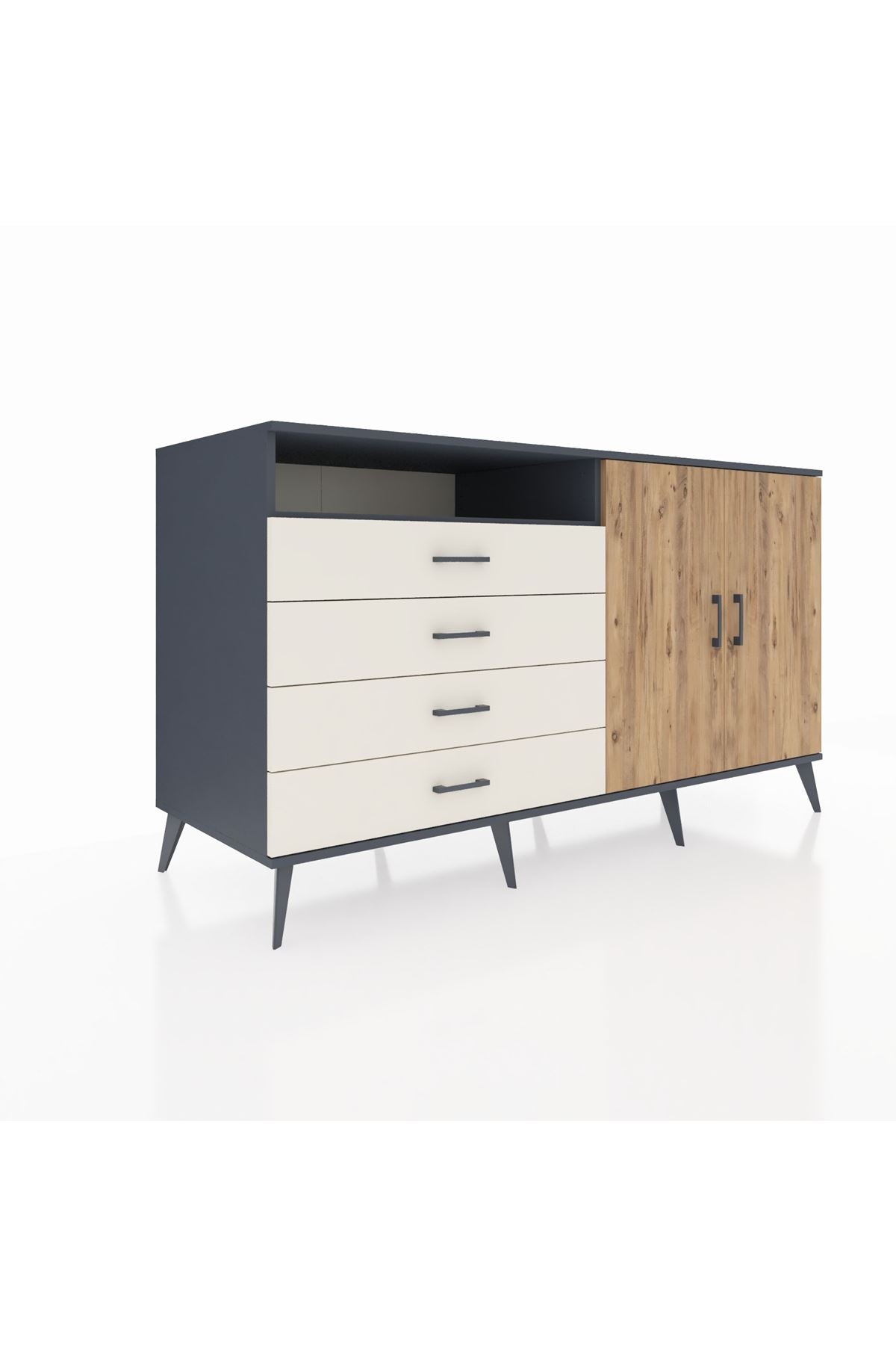 Kronos Konsol 3 Raflı 4 Çekmeceli 2 Kapaklı 176x59x99 Antrasit-Çam/Aytaşı