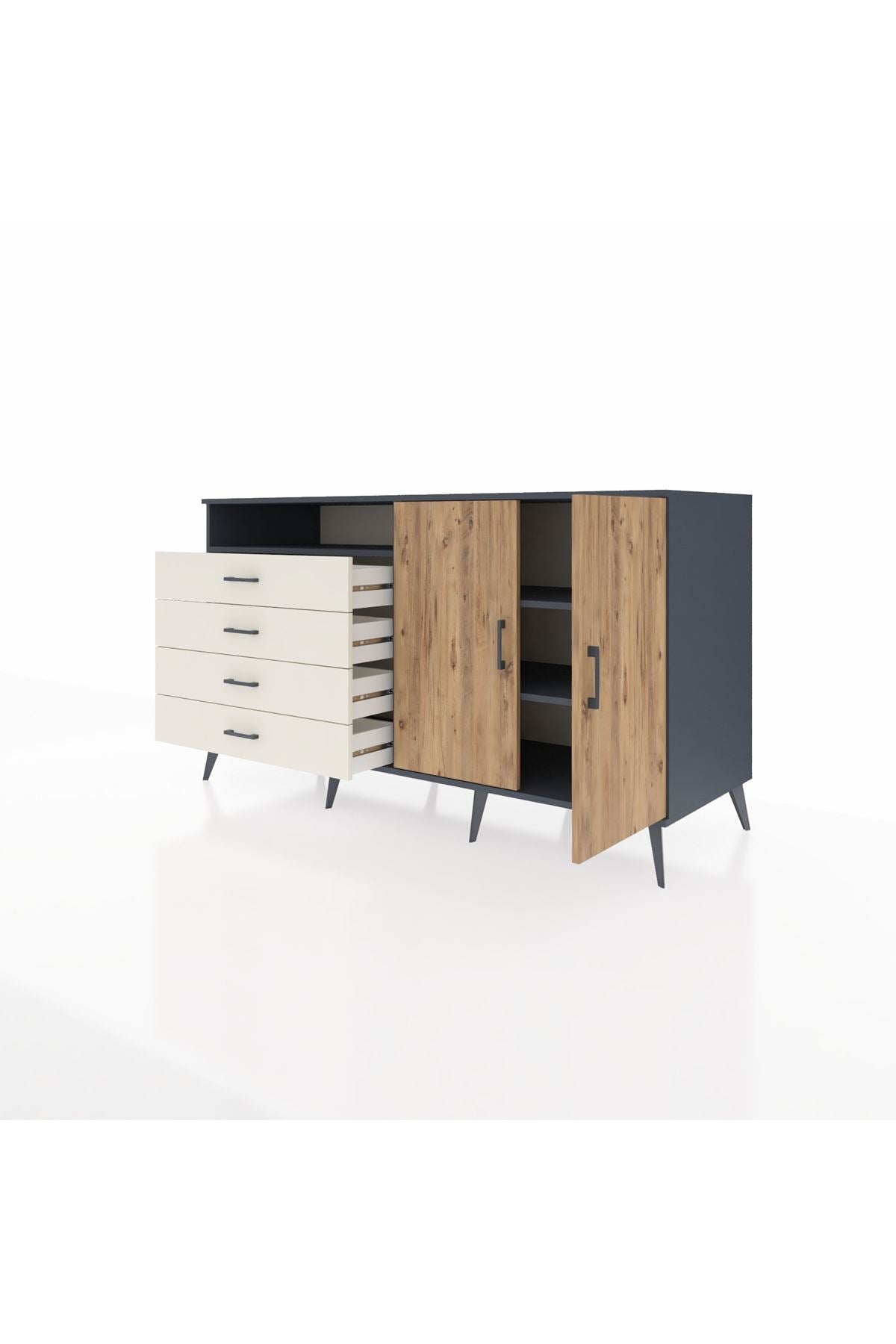 Kronos Konsol 3 Raflı 4 Çekmeceli 2 Kapaklı 176x59x99 Antrasit-Çam/Aytaşı