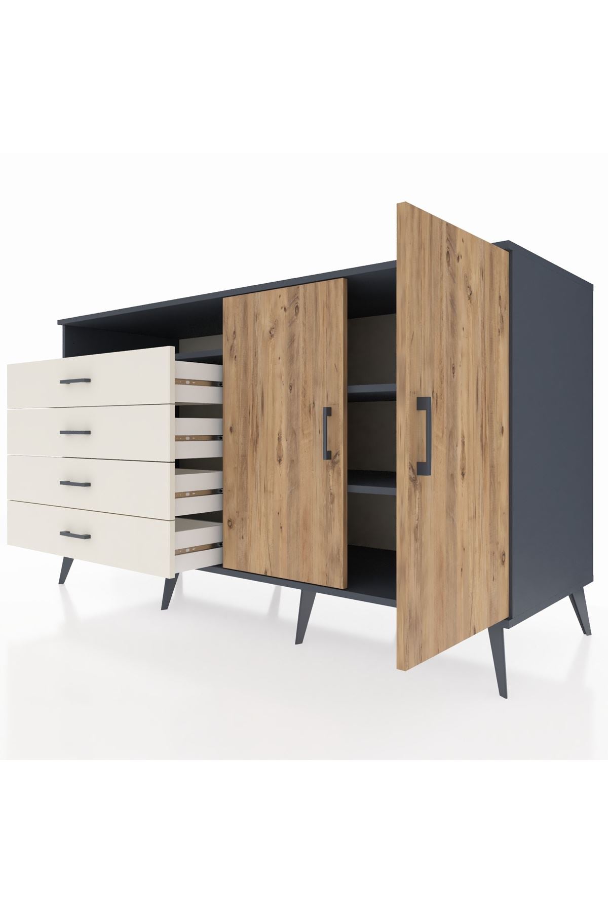 Kronos Konsol 3 Raflı 4 Çekmeceli 2 Kapaklı 176x59x99 Antrasit-Çam/Aytaşı