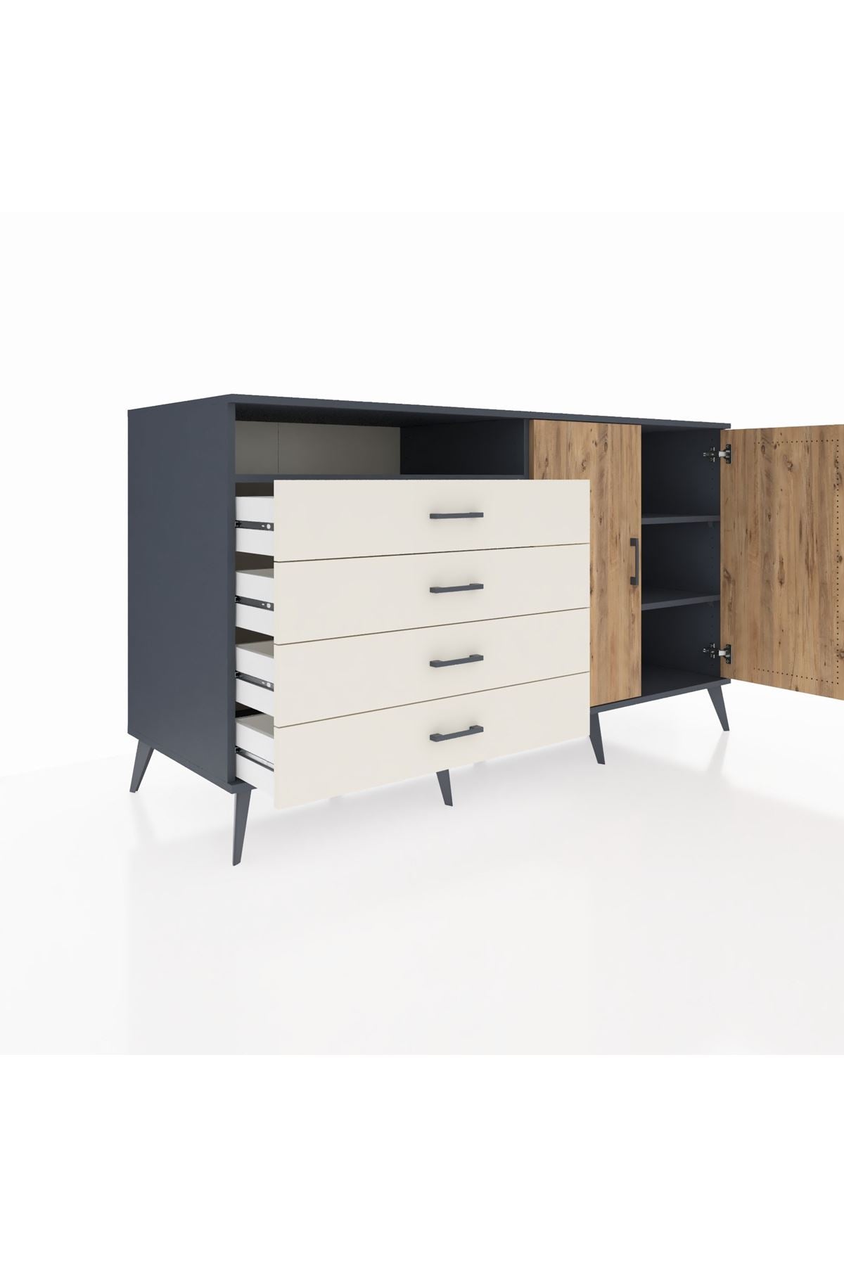 Kronos Konsol 3 Raflı 4 Çekmeceli 2 Kapaklı 176x59x99 Antrasit-Çam/Aytaşı