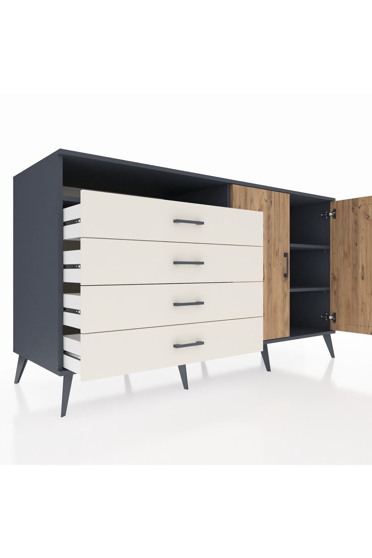 Kronos Konsol 3 Raflı 4 Çekmeceli 2 Kapaklı 176x59x99 Antrasit-Çam/Aytaşı