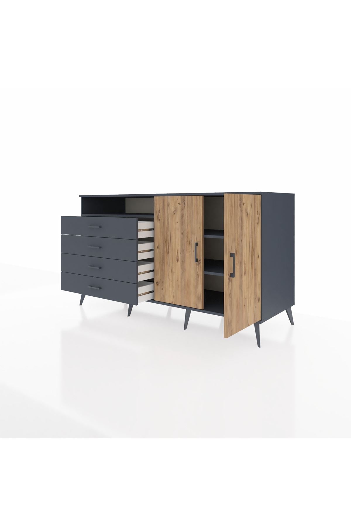 Kronos Konsol 3 Raflı 4 Çekmeceli 2 Kapaklı 176x59x99 Antrasit-Çam/Antrasit