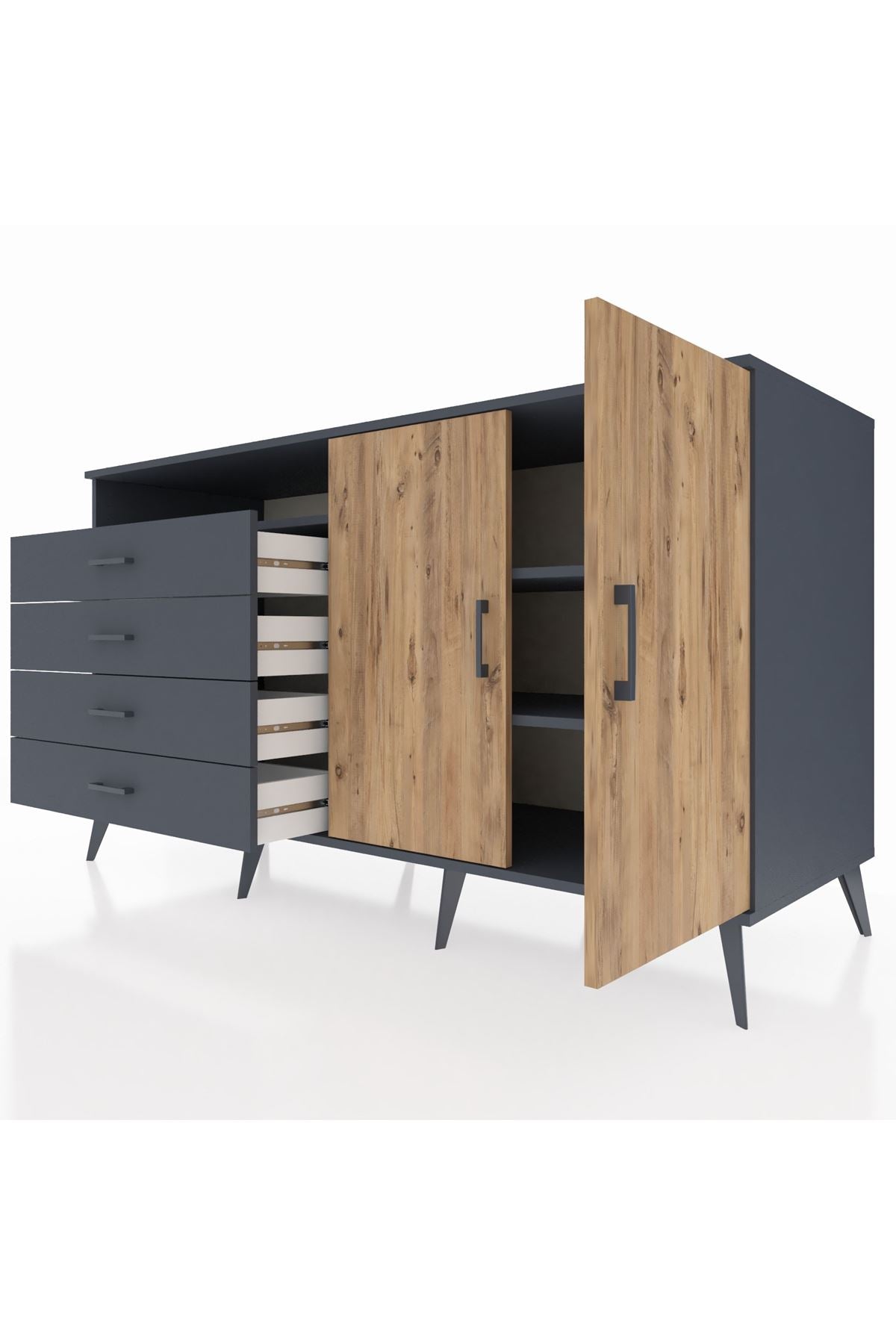 Kronos Konsol 3 Raflı 4 Çekmeceli 2 Kapaklı 176x59x99 Antrasit-Çam/Antrasit