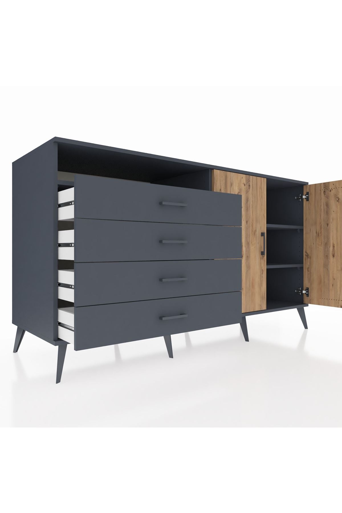 Kronos Konsol 3 Raflı 4 Çekmeceli 2 Kapaklı 176x59x99 Antrasit-Çam/Antrasit