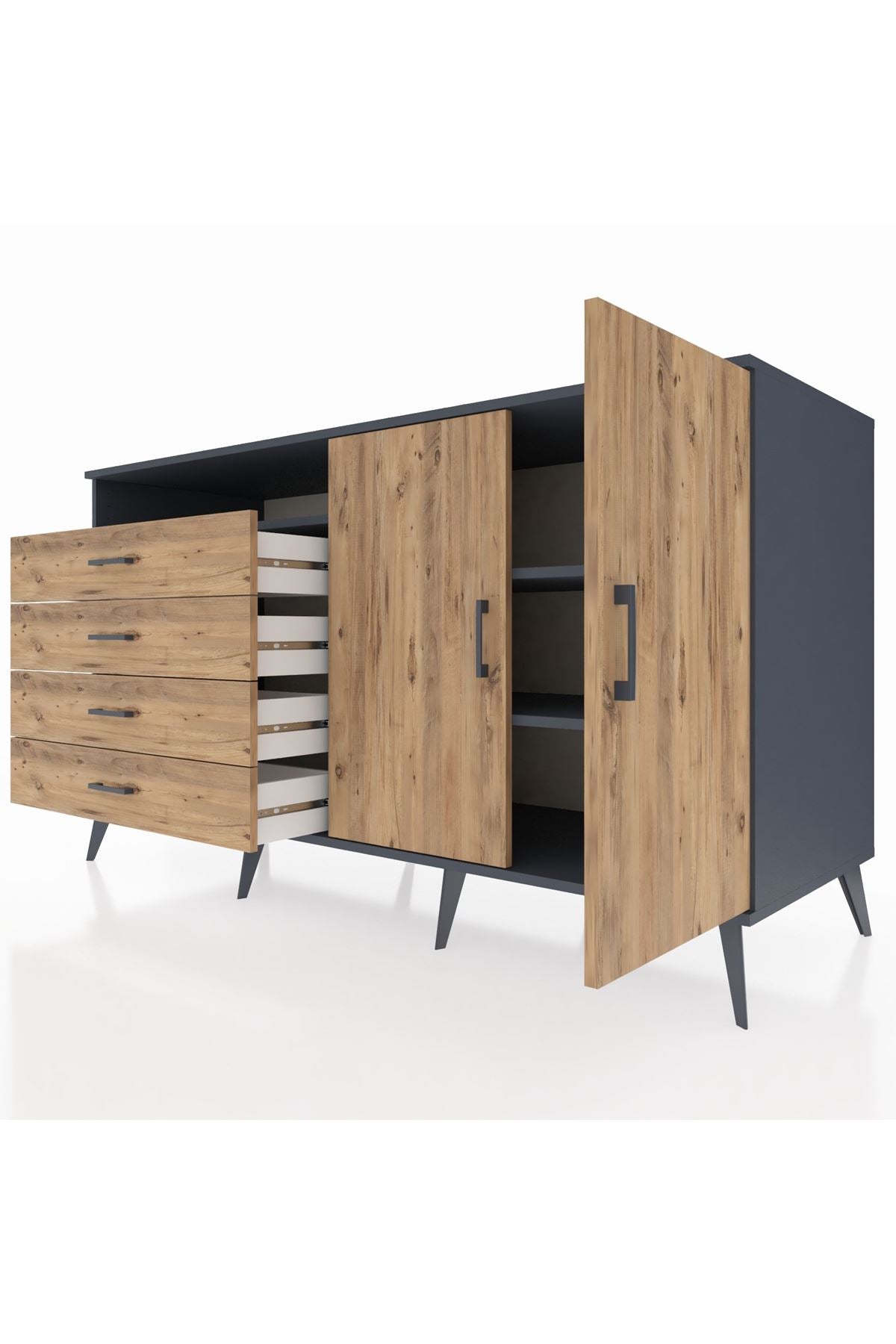 Kronos Konsol 3 Raflı 4 Çekmeceli 2 Kapaklı 176x59x99 Antrasit-Çam