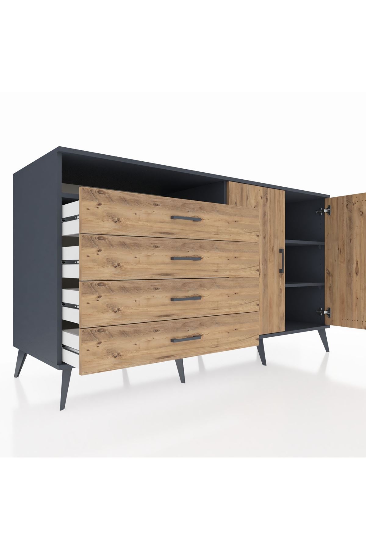 Kronos Konsol 3 Raflı 4 Çekmeceli 2 Kapaklı 176x59x99 Antrasit-Çam