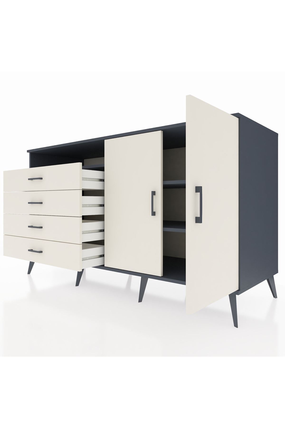 Kronos Konsol 3 Raflı 4 Çekmeceli 2 Kapaklı 176x59x99 Antrasit-Aytaşı