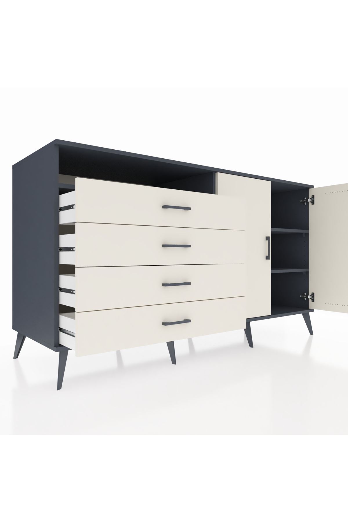 Kronos Konsol 3 Raflı 4 Çekmeceli 2 Kapaklı 176x59x99 Antrasit-Aytaşı