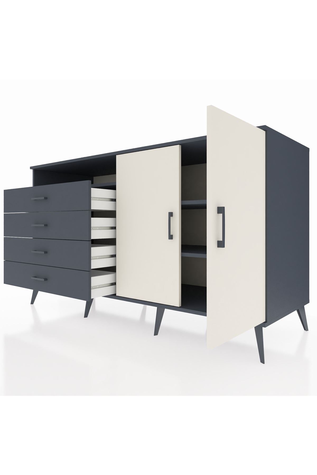 Kronos Konsol 3 Raflı 4 Çekmeceli 2 Kapaklı 176x59x99 Antrasit-Aytaşı/Antrasit