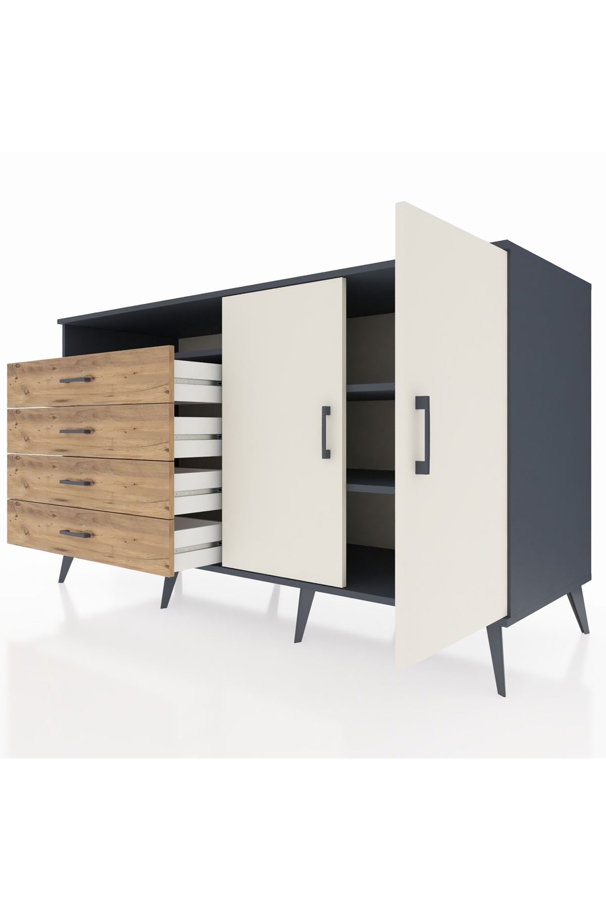 Kronos Konsol 3 Raflı 4 Çekmeceli 2 Kapaklı 176x59x99 Antrasit-Aytaşı/Çam