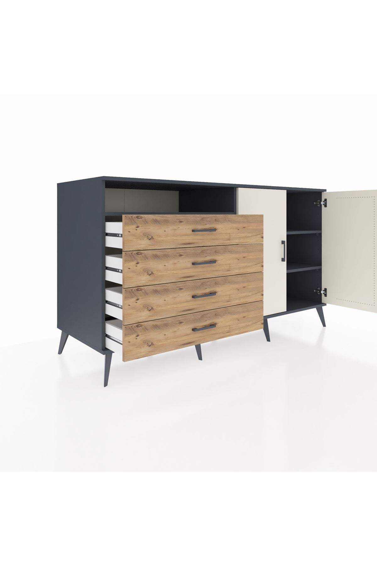 Kronos Konsol 3 Raflı 4 Çekmeceli 2 Kapaklı 176x59x99 Antrasit-Aytaşı/Çam