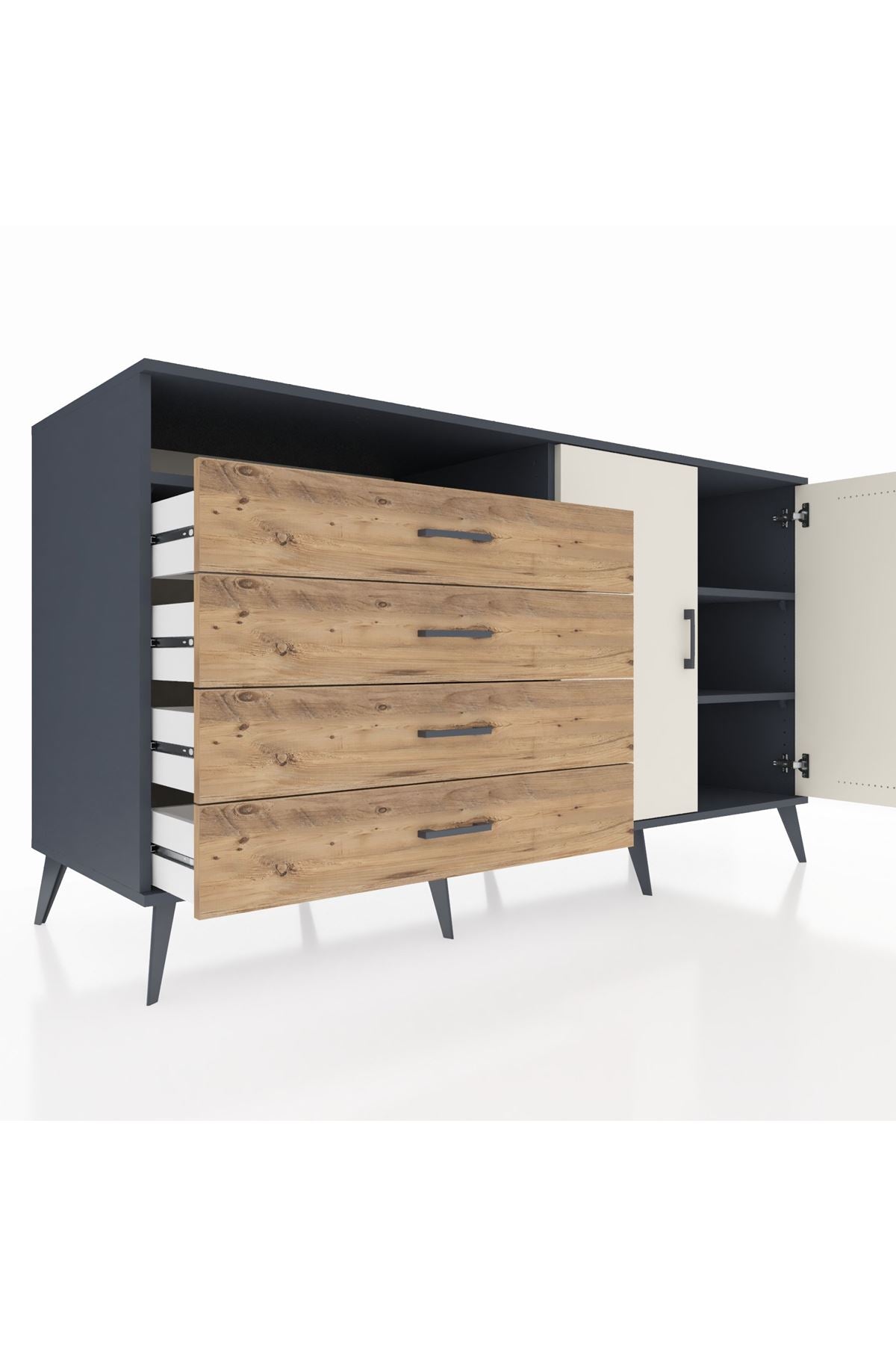 Kronos Konsol 3 Raflı 4 Çekmeceli 2 Kapaklı 176x59x99 Antrasit-Aytaşı/Çam