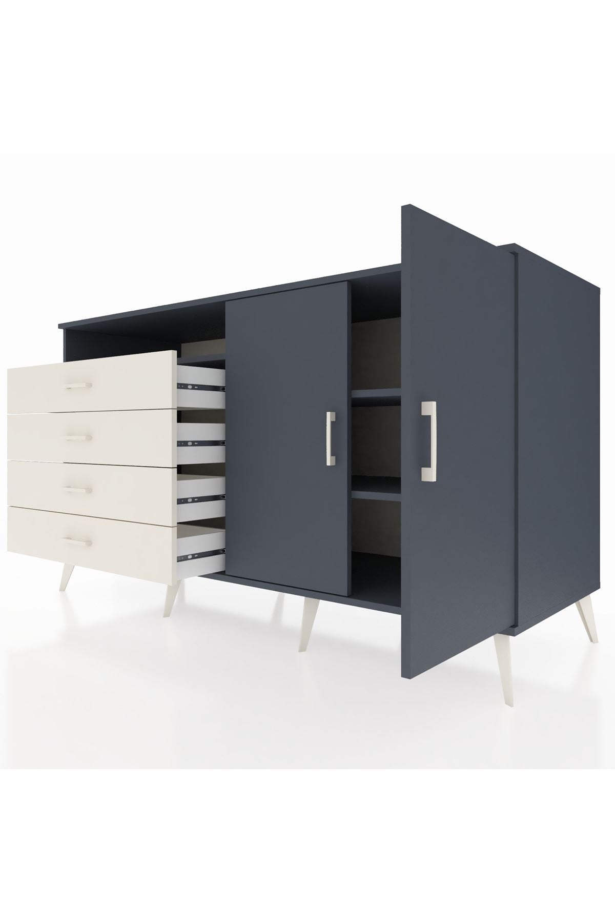 Kronos Konsol 3 Raflı 4 Çekmeceli 2 Kapaklı 176x59x99 Antrasit-Antrasit/Aytaşı