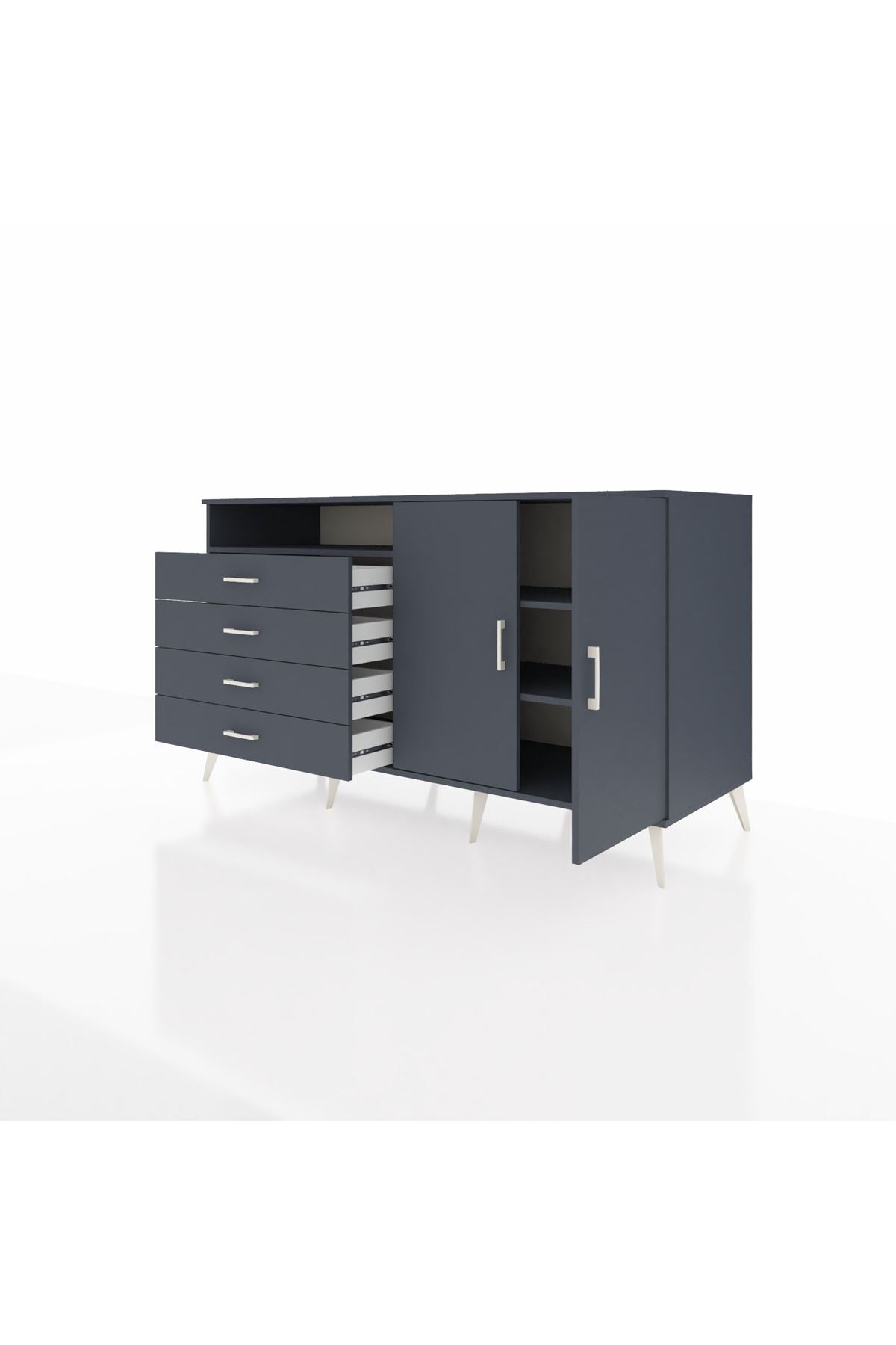 Kronos Konsol 3 Raflı 4 Çekmeceli 2 Kapaklı 176x59x99 Antrasit-Antrasit